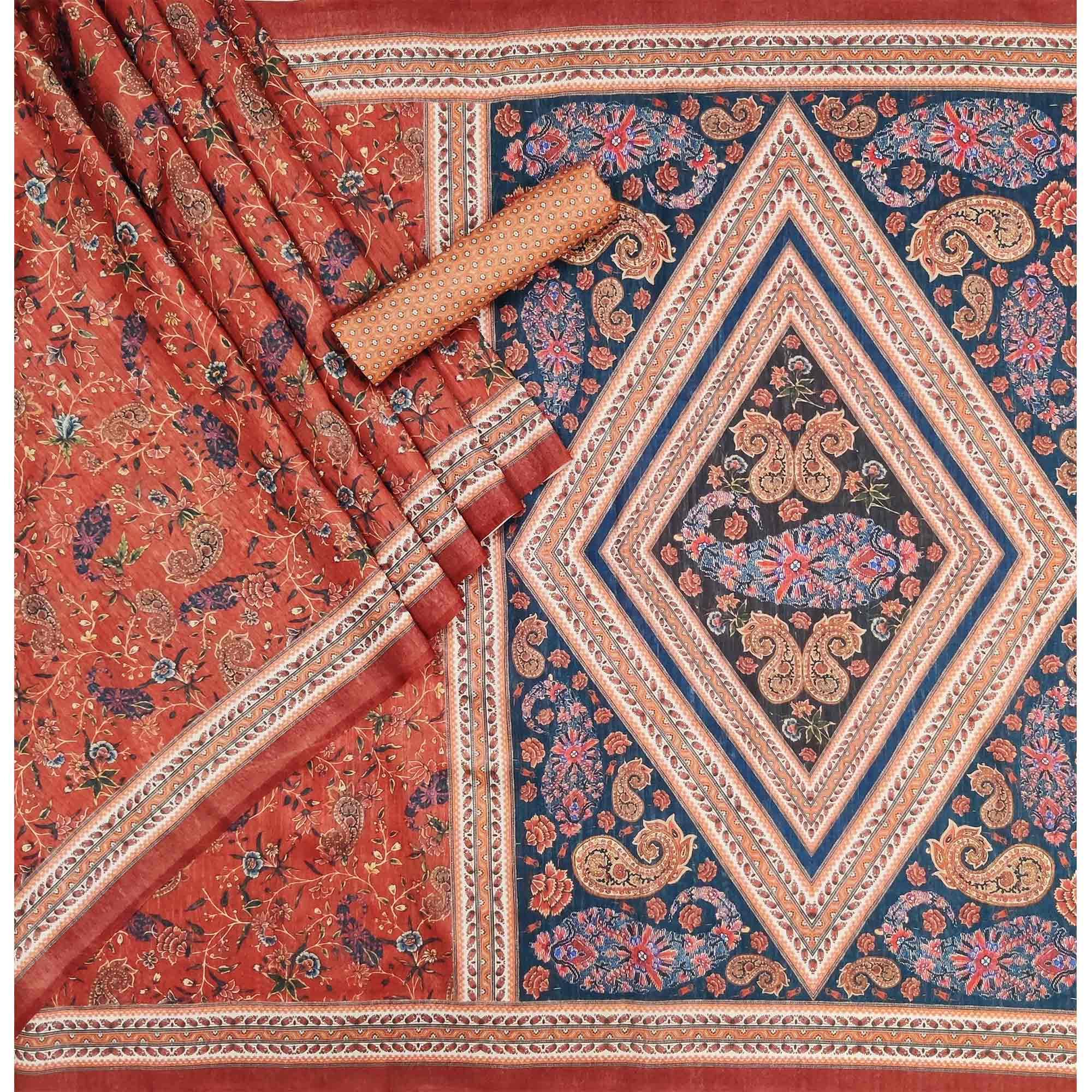 Rust Floral Printed Pure Cotton Saree - Peachmode