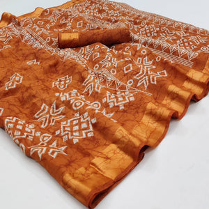 Rust Geometric Printed Linen Saree - Peachmode