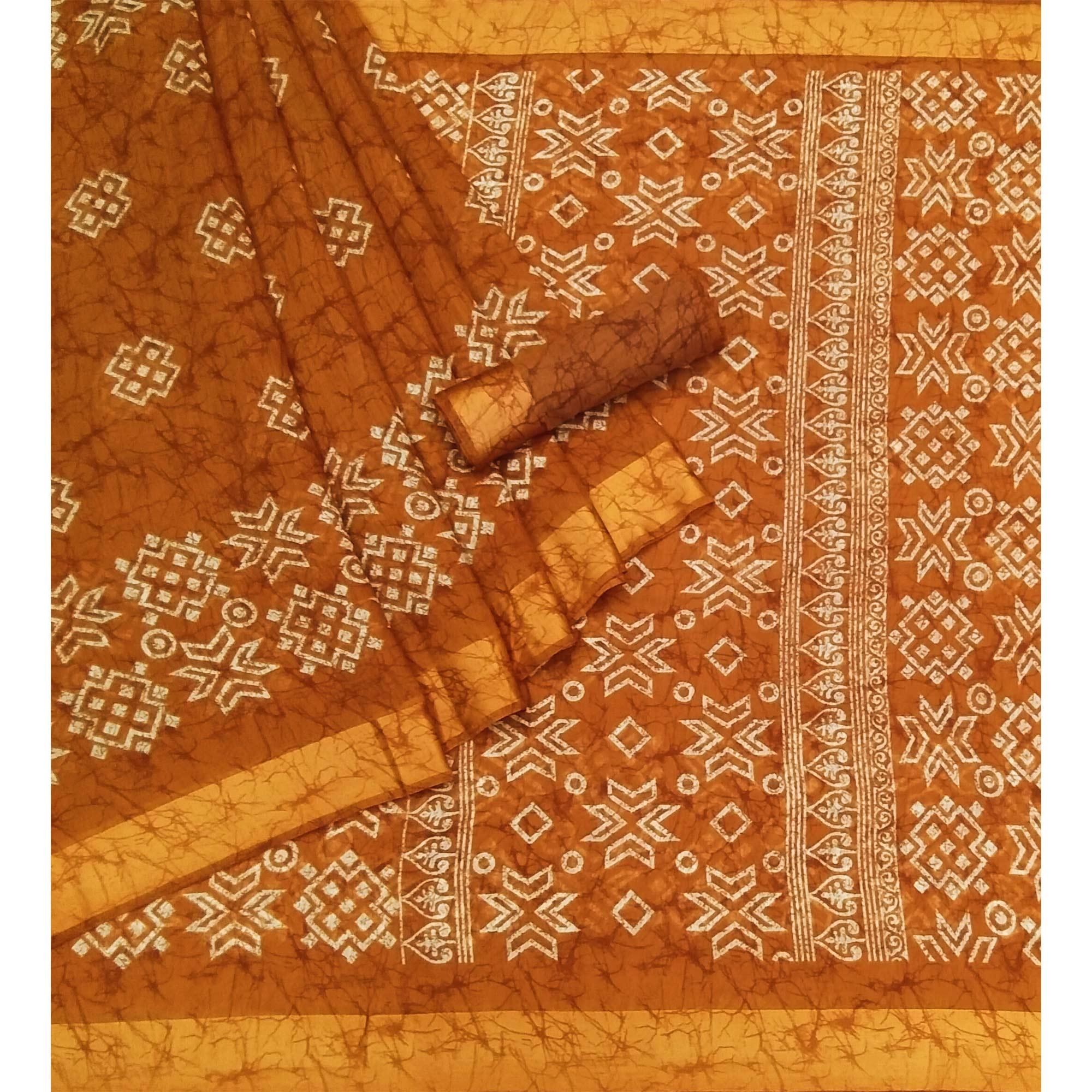 Rust Geometric Printed Linen Saree - Peachmode