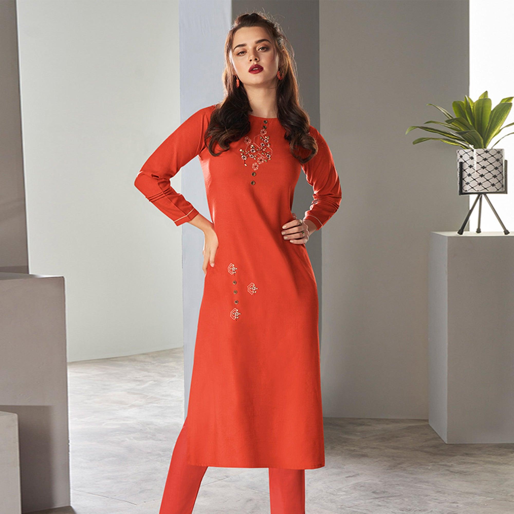 Rust Orange Casual Wear Embroidered Pure Viscose Kurti - Peachmode