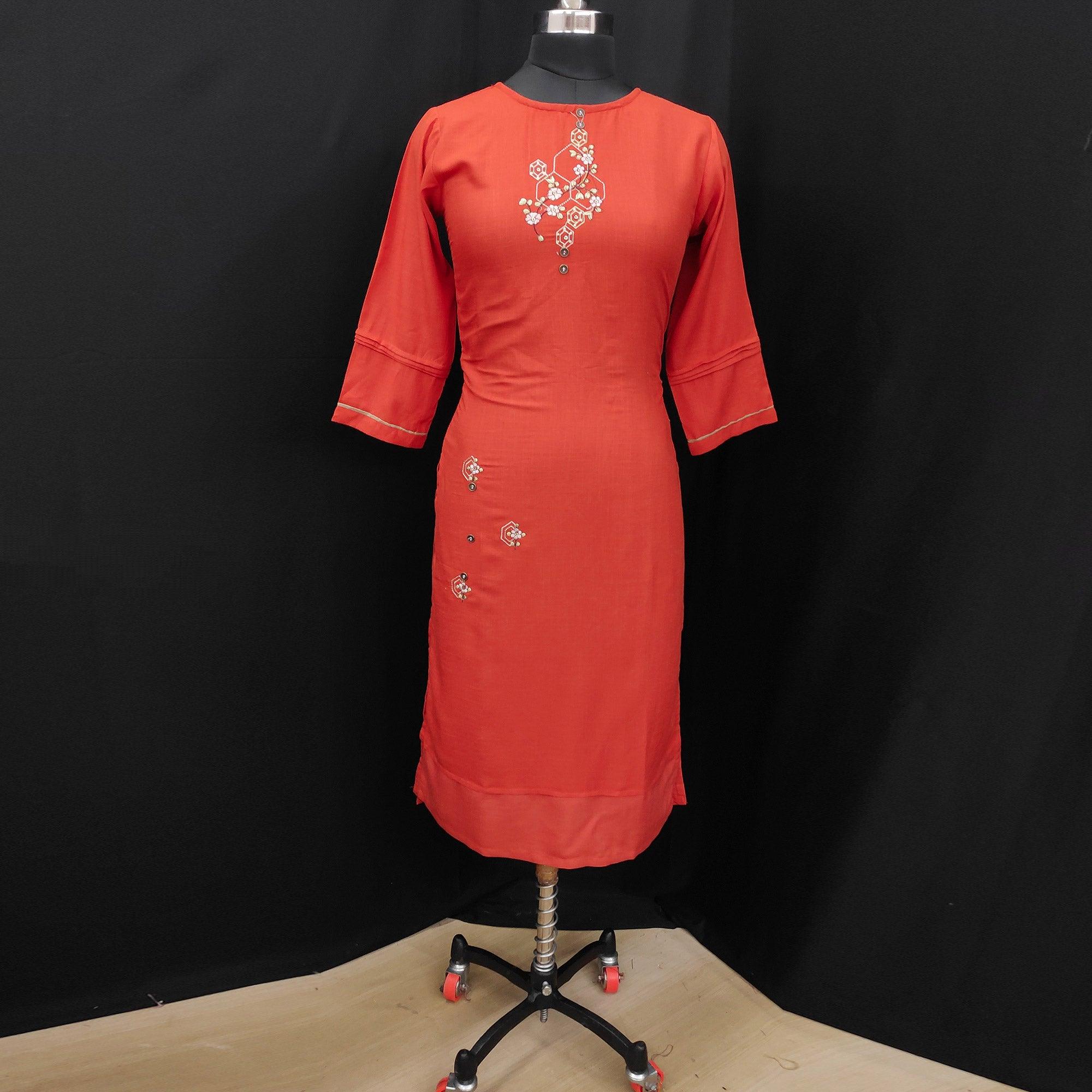 Rust Orange Casual Wear Embroidered Pure Viscose Kurti - Peachmode