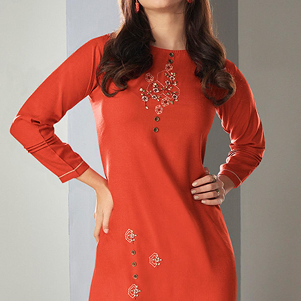 Rust Orange Casual Wear Embroidered Pure Viscose Kurti - Peachmode