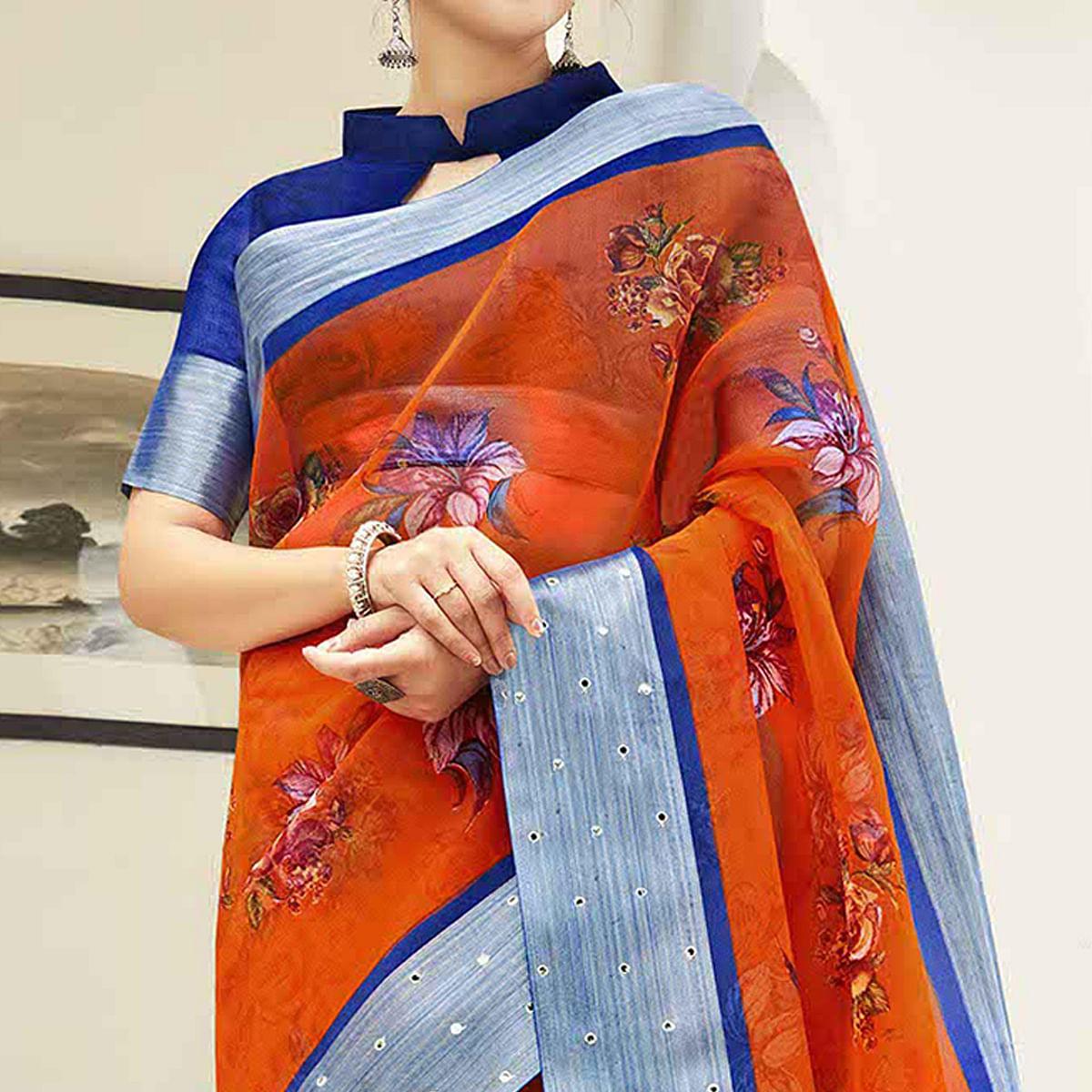 Rust Orange Casual Wear Printed Organza Saree With Border - Peachmode
