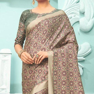 Rust Party Wear Satin Printed Saree With Unstitched Blouse - Peachmode