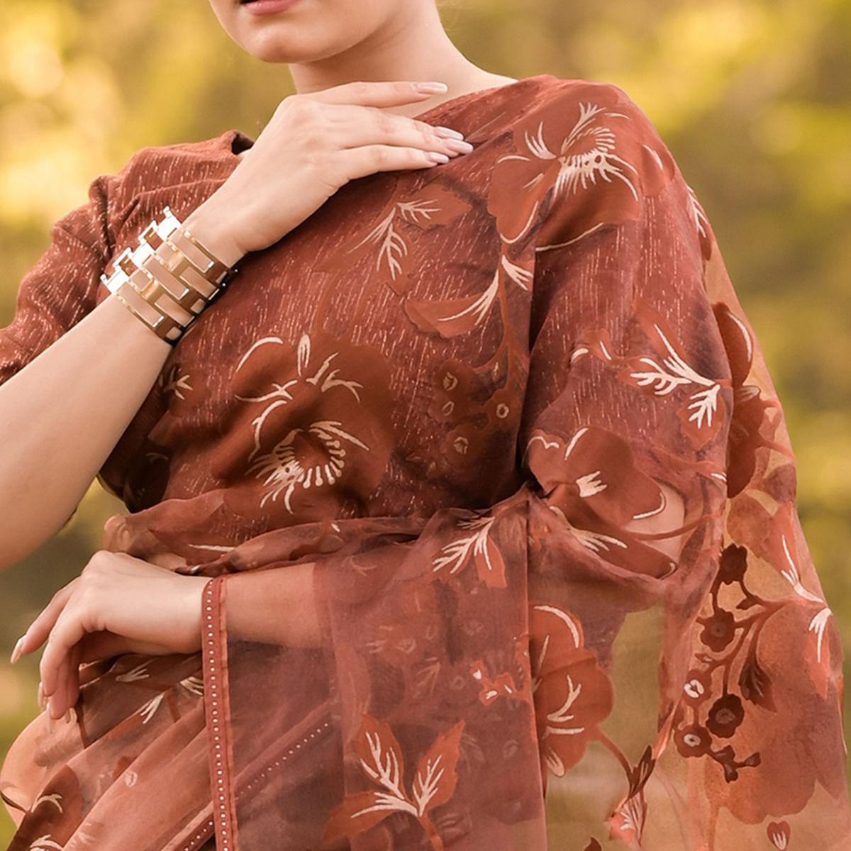 Rust Partywear Piping Stone Velvet Zari Organza Saree - Peachmode