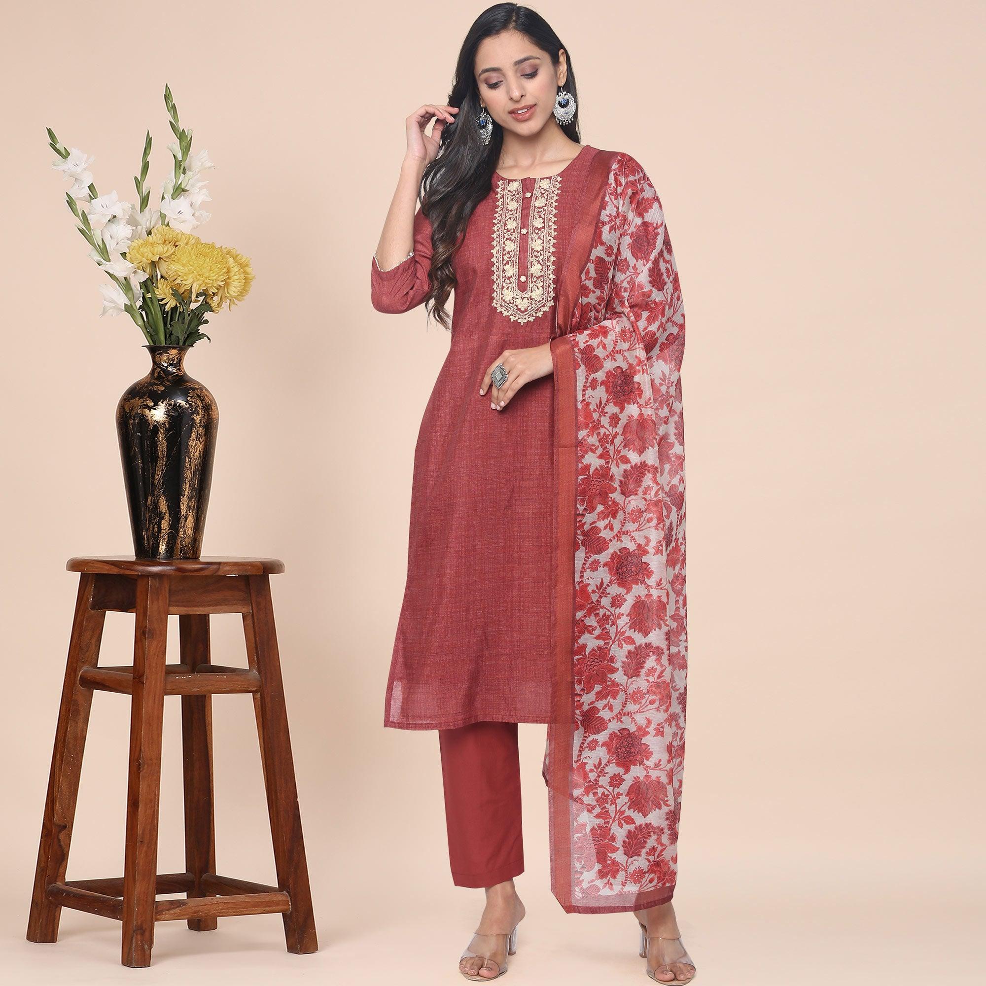 Rust Partywear Printed With Gotta Patti Muslin Kurti Pant Set With Dupatta - Peachmode