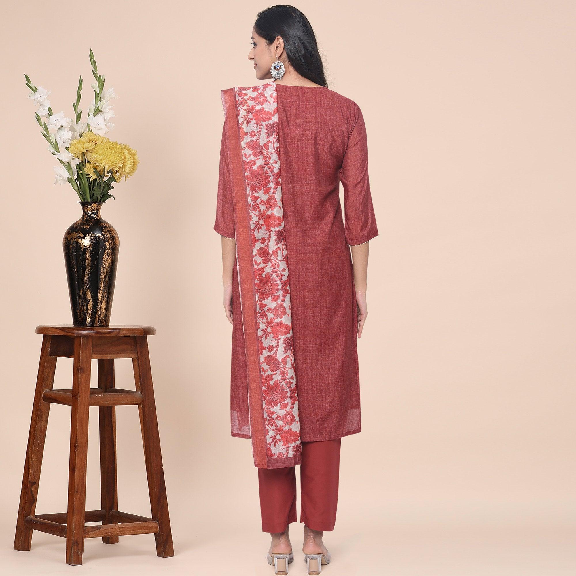 Rust Partywear Printed With Gotta Patti Muslin Kurti Pant Set With Dupatta - Peachmode