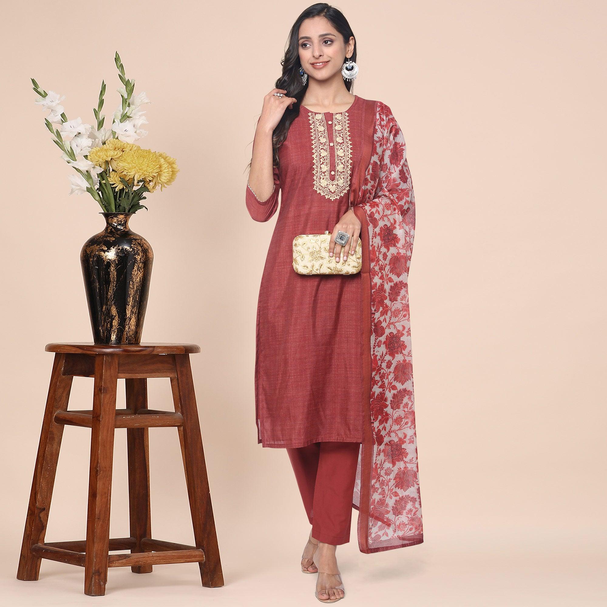Rust Partywear Printed With Gotta Patti Muslin Kurti Pant Set With Dupatta - Peachmode