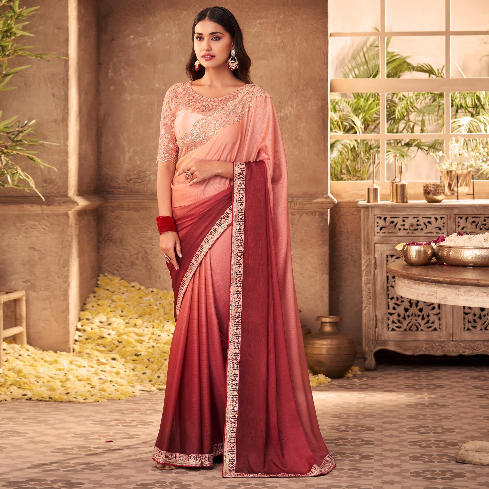 Rust-Peach Partywear Embroidered Silk Half and Half Saree - Peachmode