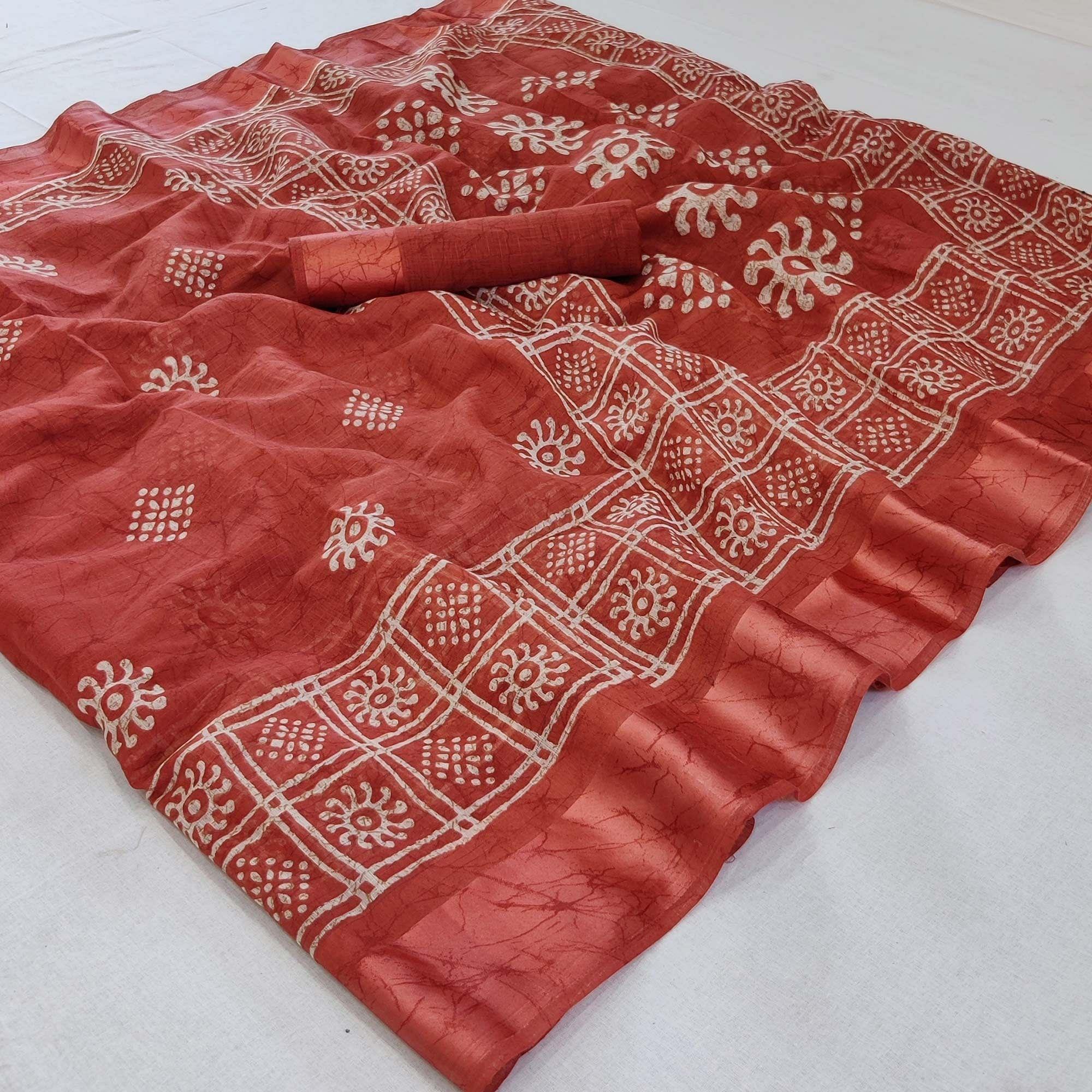Rust Printed Linen Saree - Peachmode
