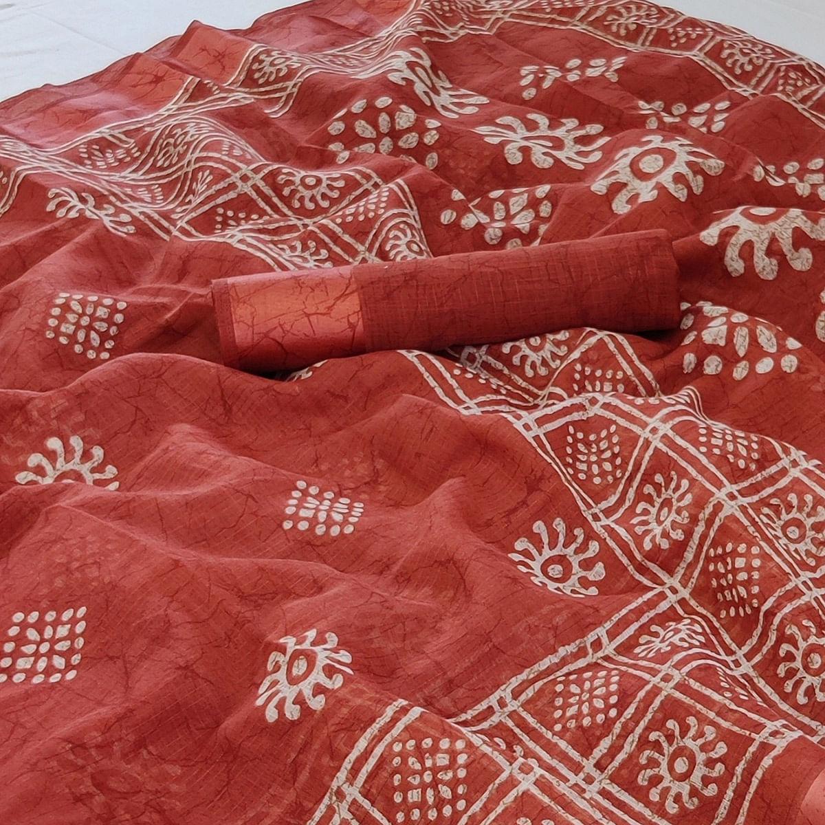 Rust Printed Linen Saree - Peachmode