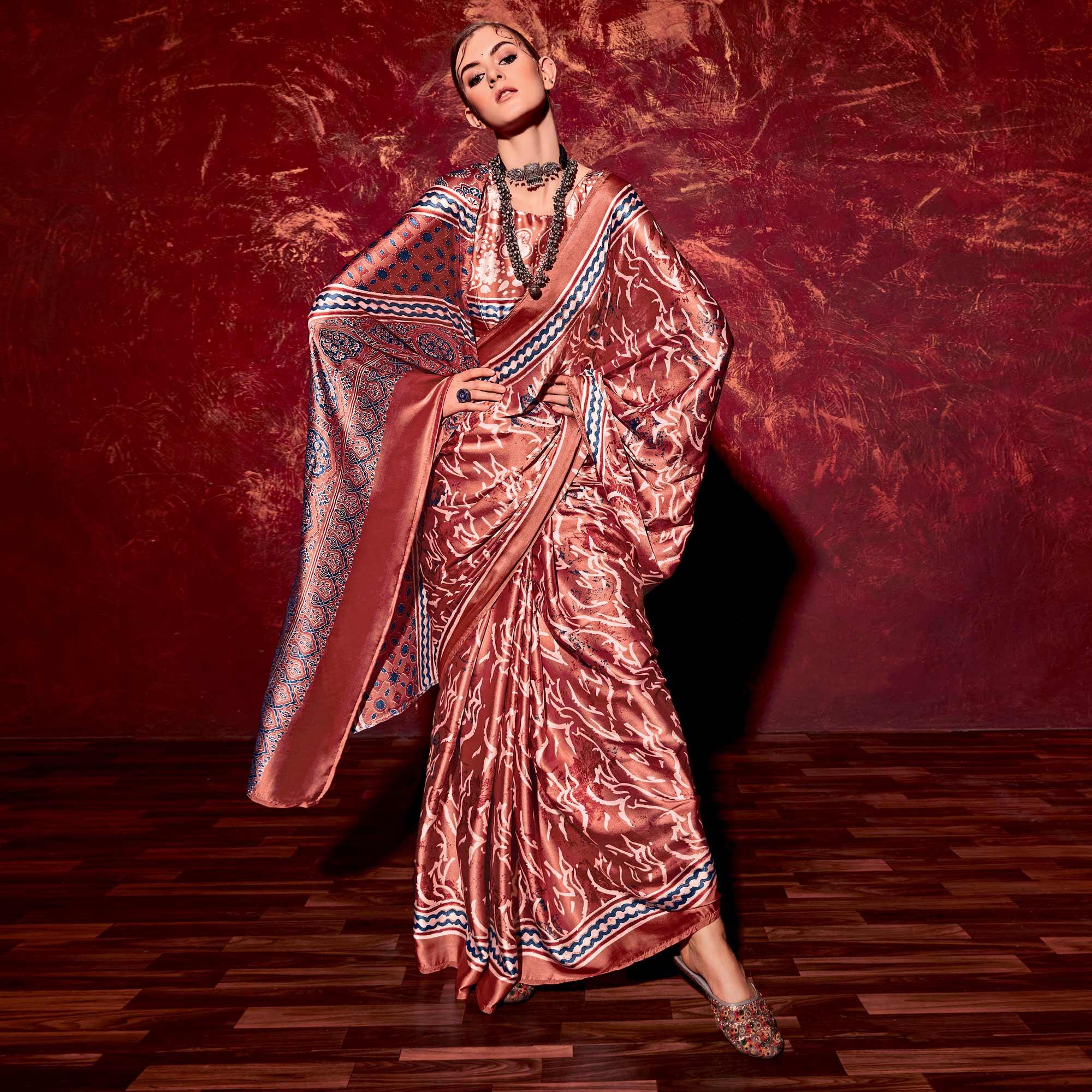 Rust Printed Satin Saree - Peachmode