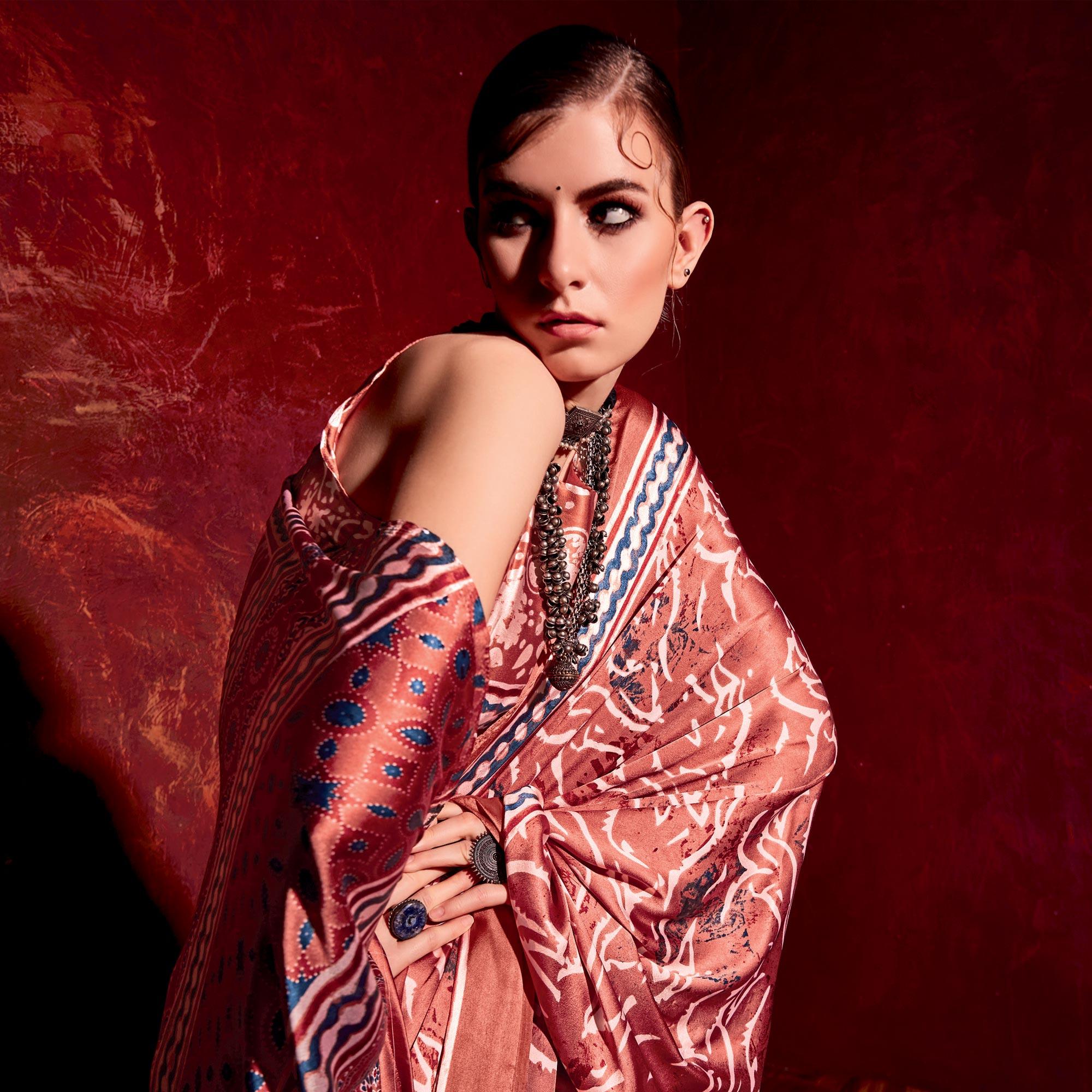 Rust Printed Satin Saree - Peachmode