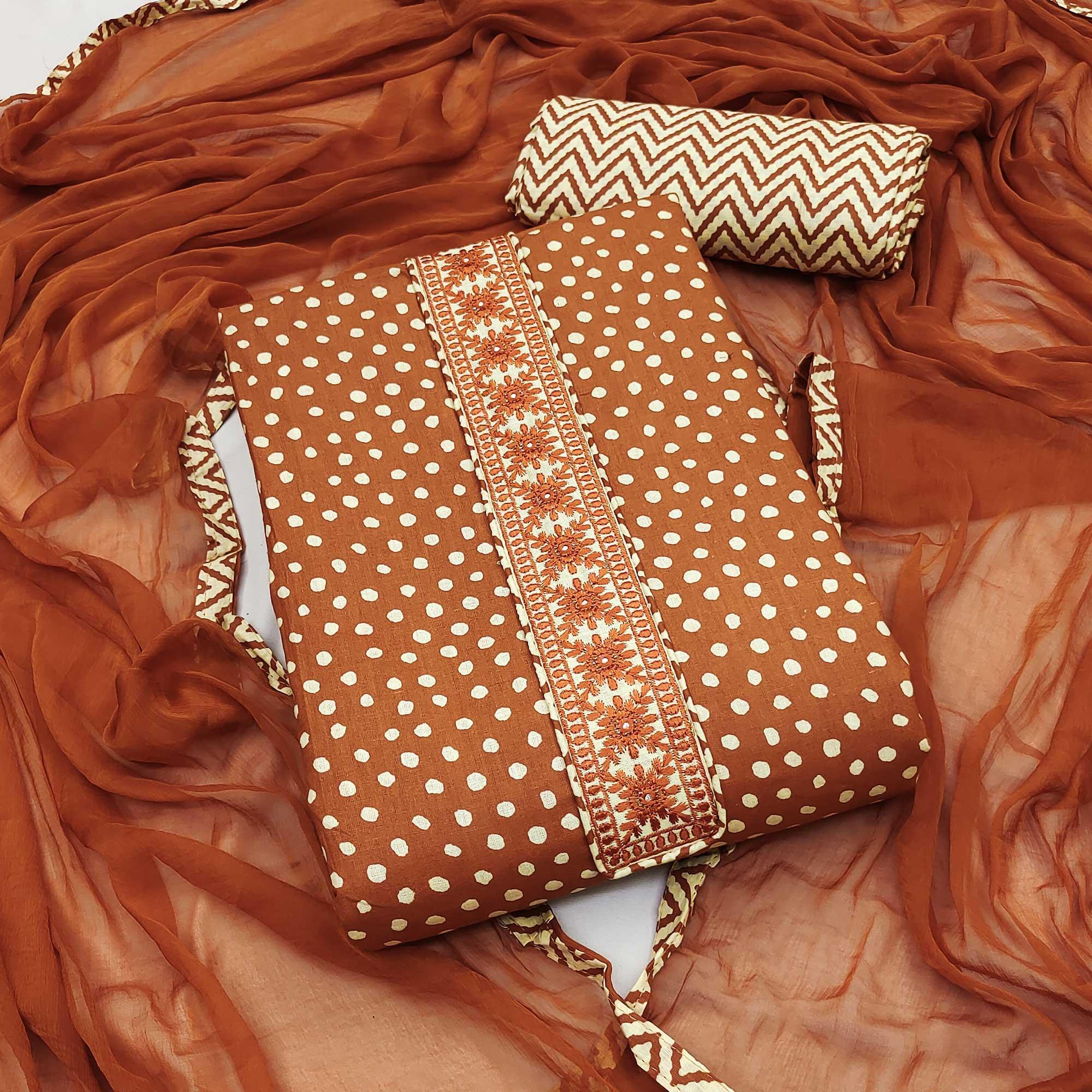 Rust Printed With Embroidered Poly Cotton Dress Material - Peachmode