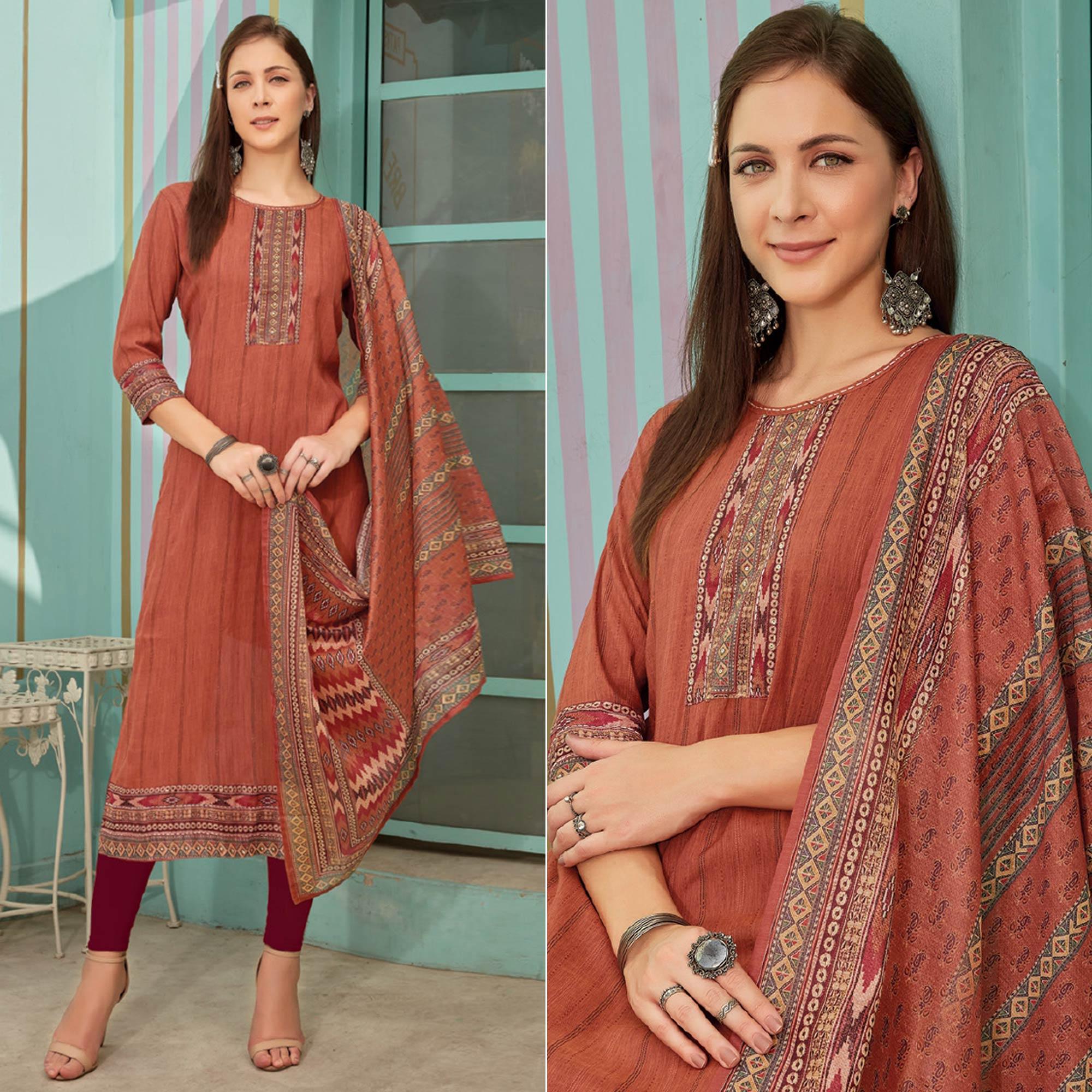Rust Printed With Embroidery Tapetta Silk Kurti With Dupatta - Peachmode