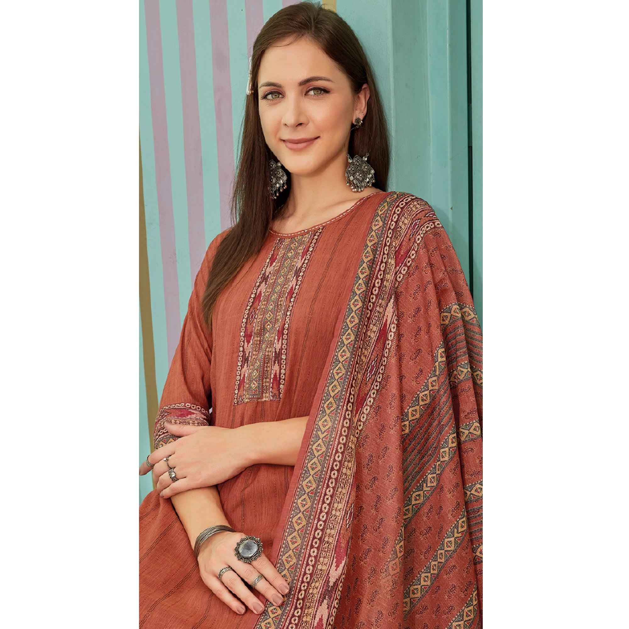 Rust Printed With Embroidery Tapetta Silk Kurti With Dupatta - Peachmode