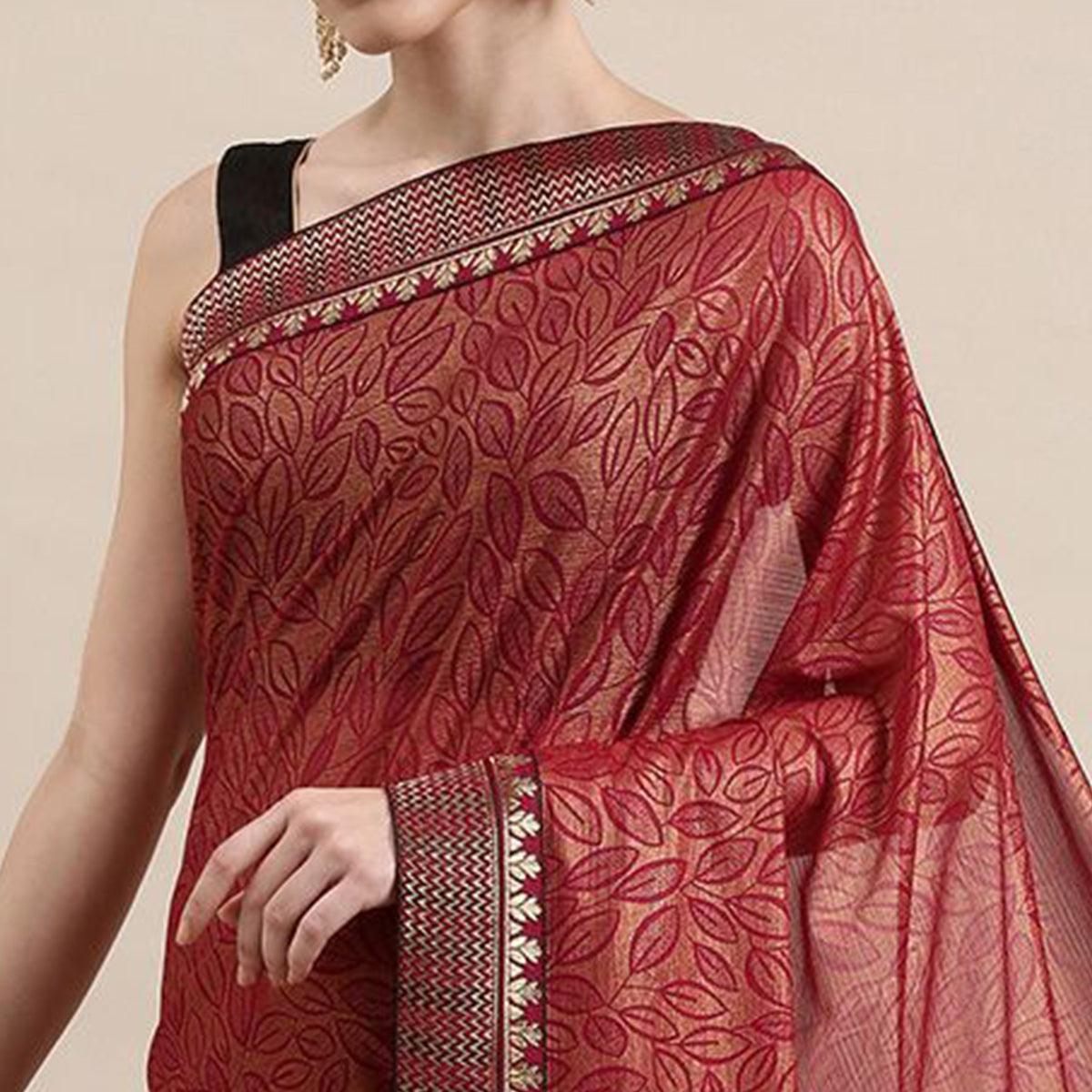 Rust Printed With Woven Border Art Silk Saree - Peachmode
