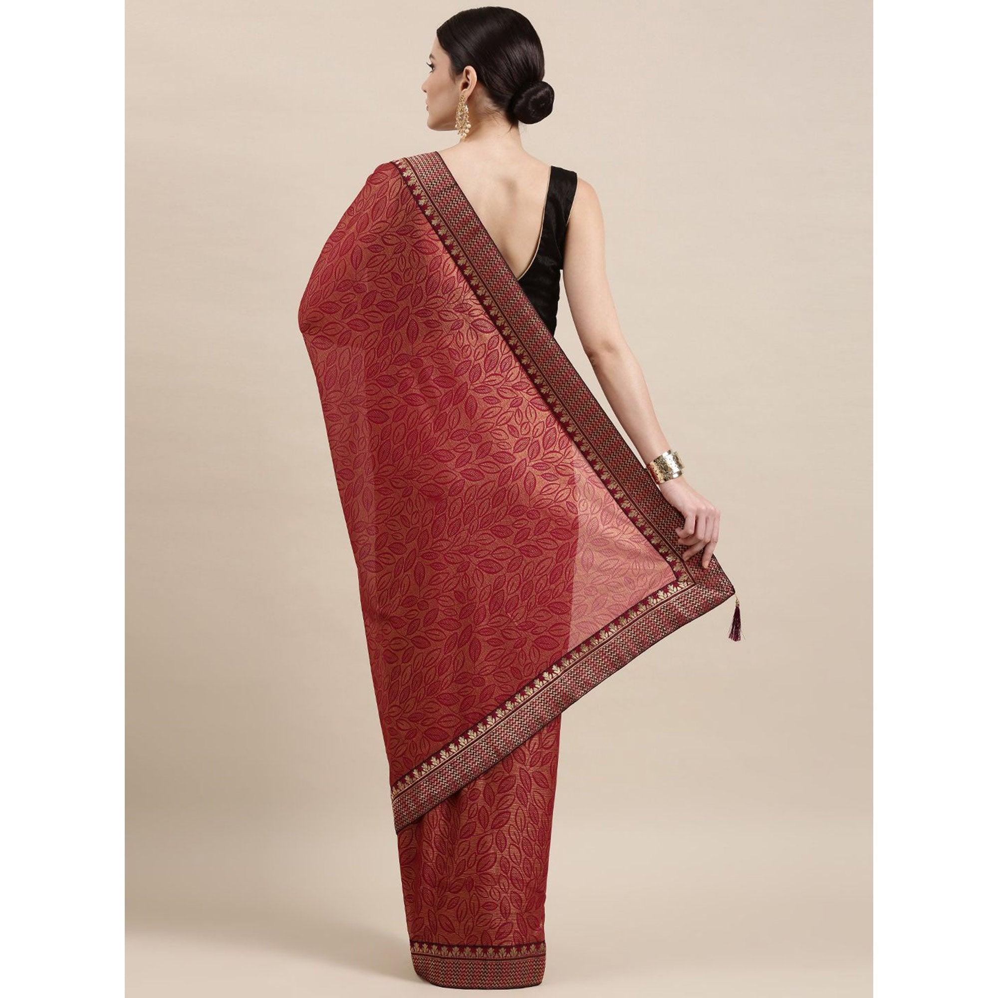 Rust Printed With Woven Border Art Silk Saree - Peachmode