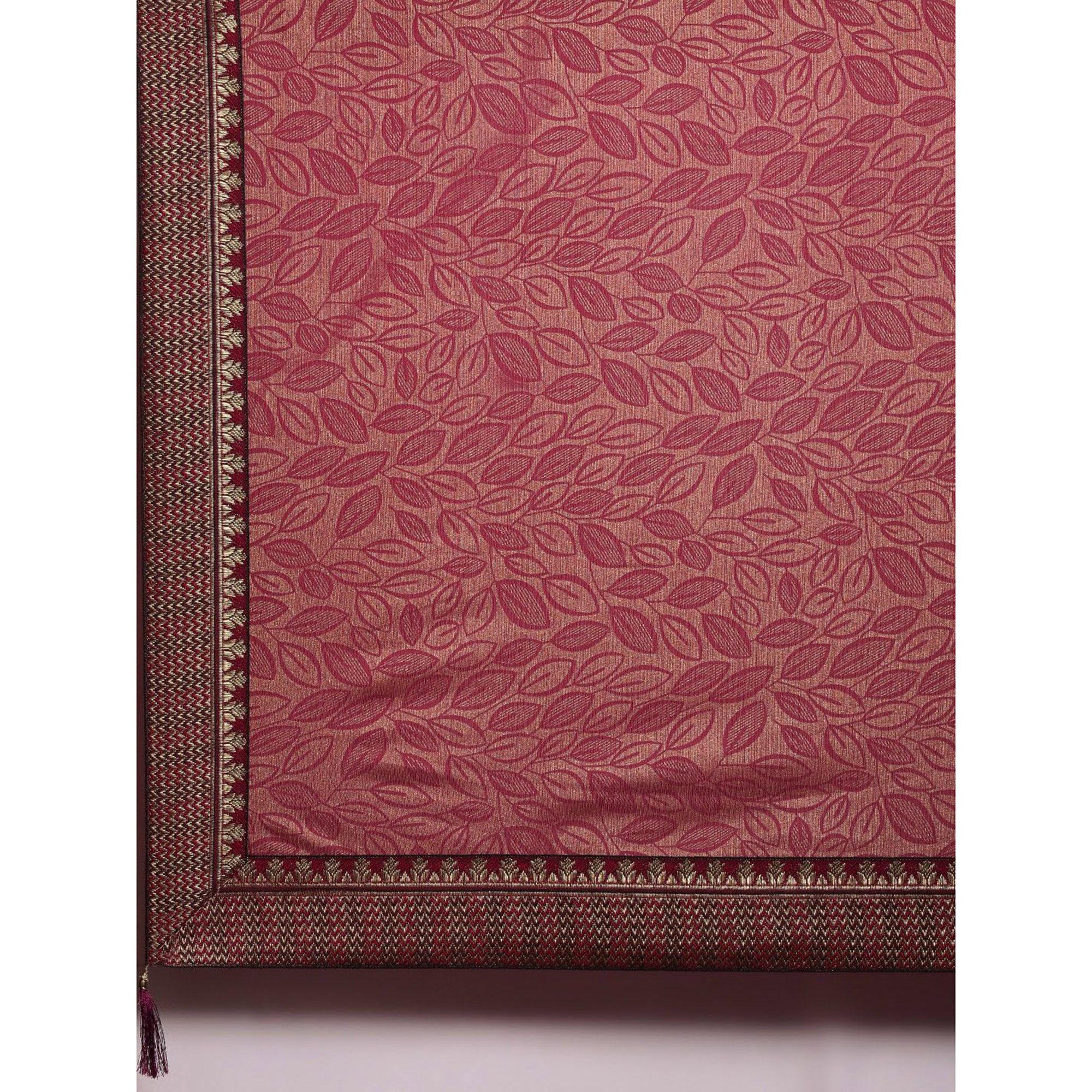 Rust Printed With Woven Border Art Silk Saree - Peachmode