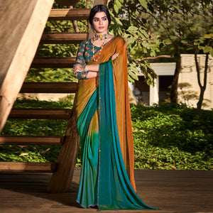 Rust-Rama Blue Solid Chiffon Saree - Peachmode