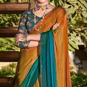 Rust-Rama Blue Solid Chiffon Saree - Peachmode