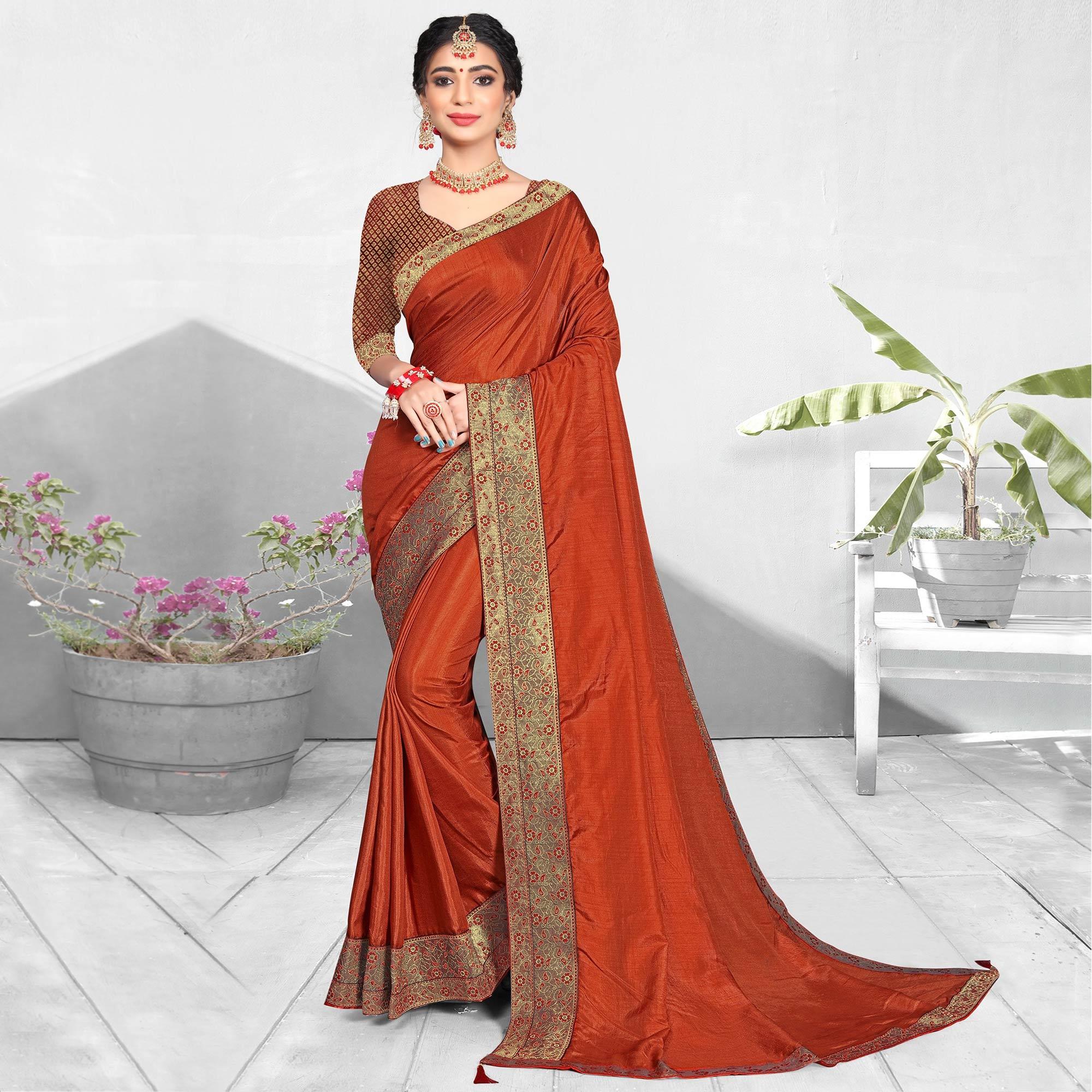 Rust Solid Vichitra Silk Saree - Peachmode