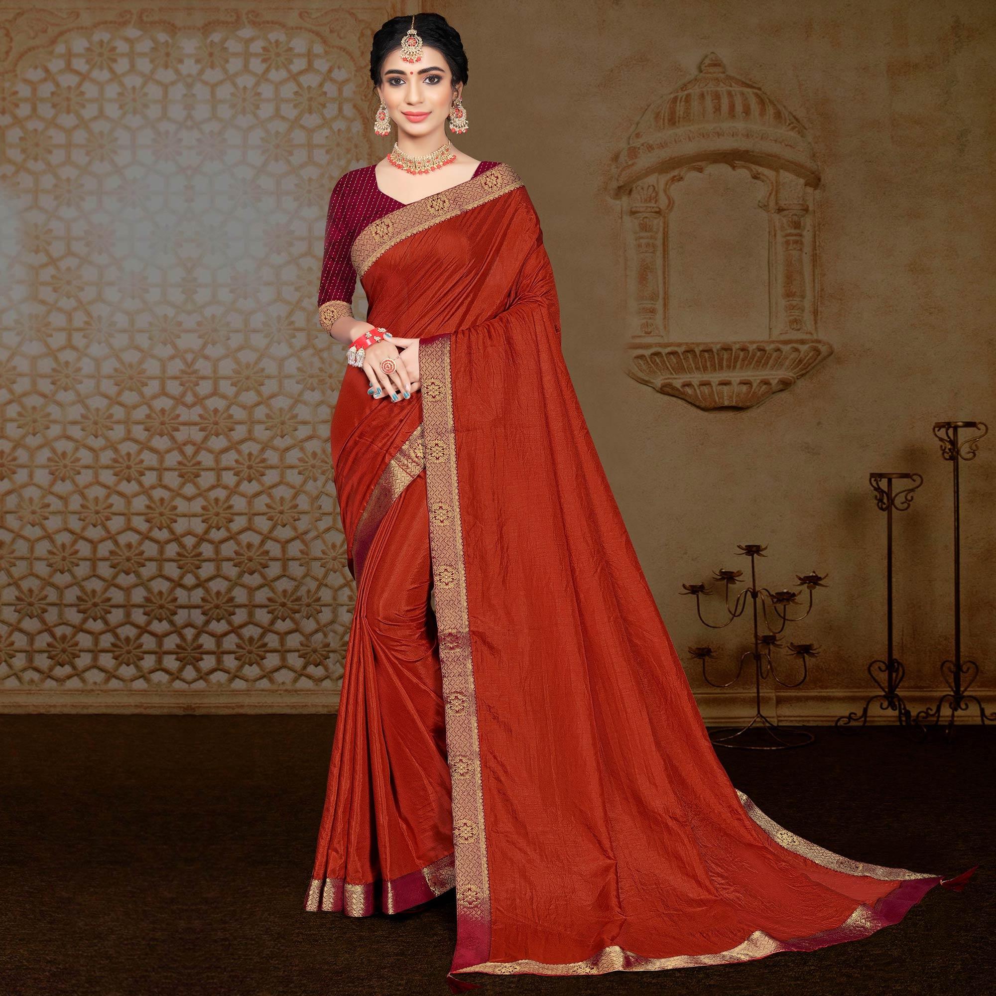 Rust Solid Vichitra Silk Saree - Peachmode