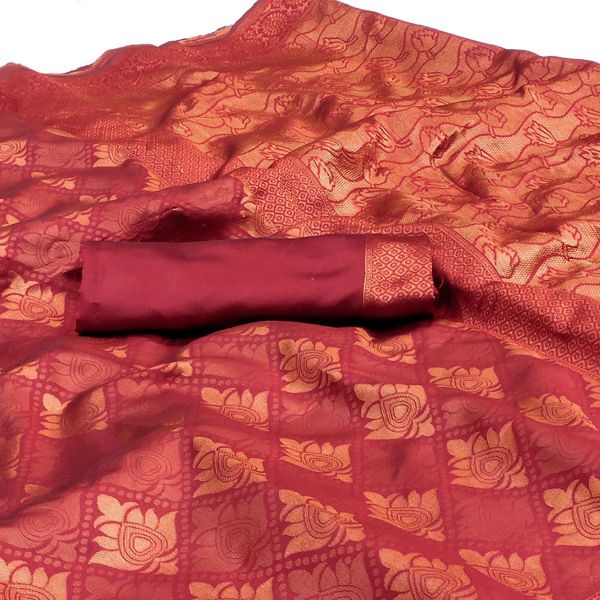 Rust Woven Banarasi Silk Saree - Peachmode