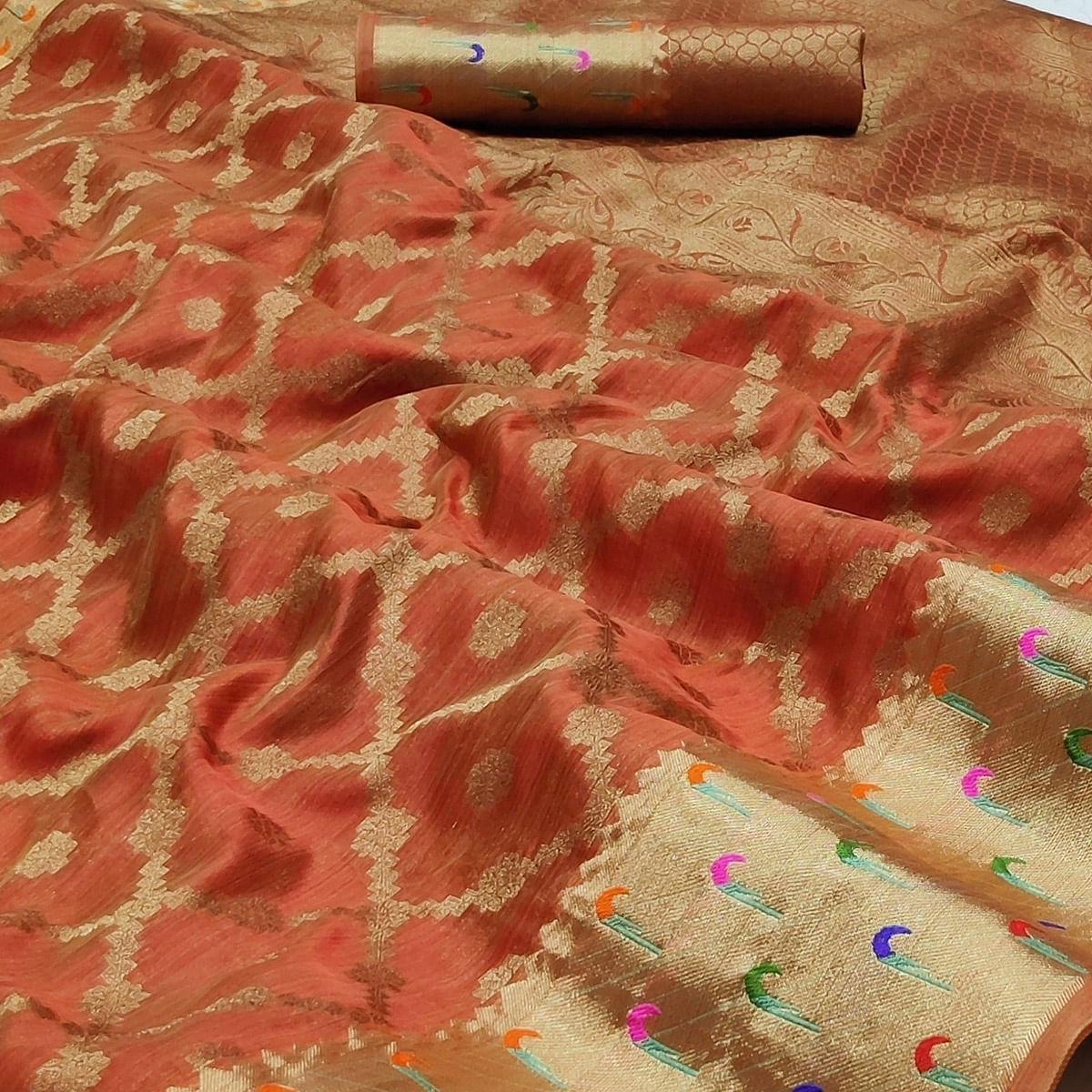 Rust Woven Organza Saree - Peachmode