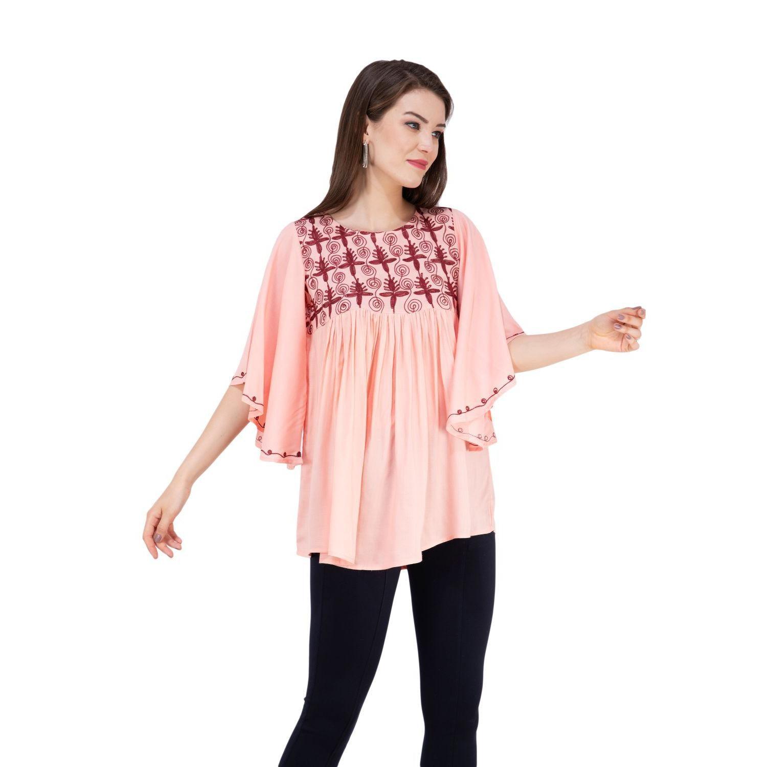 SAAKAA - Women's Rayon Pink Embroidered Top - Peachmode