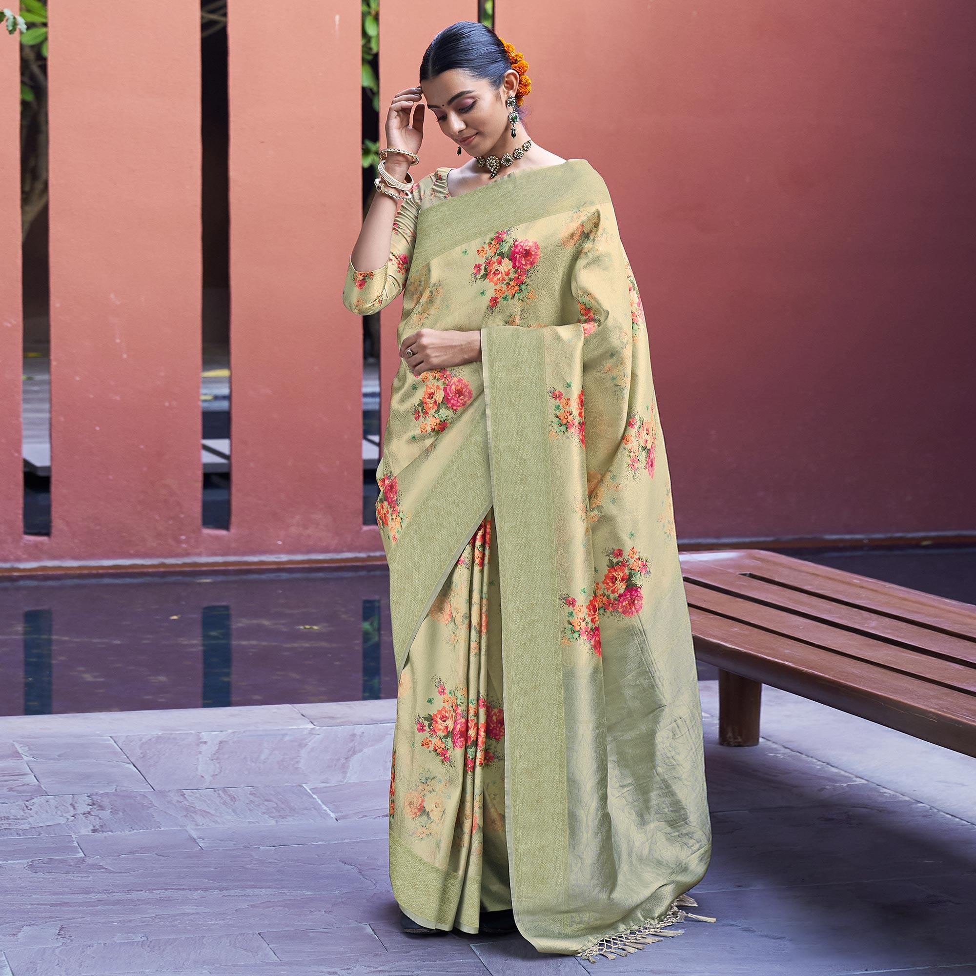 Sage Green Festive Wear Floral Printed Silk Saree With Woven Border - Peachmode