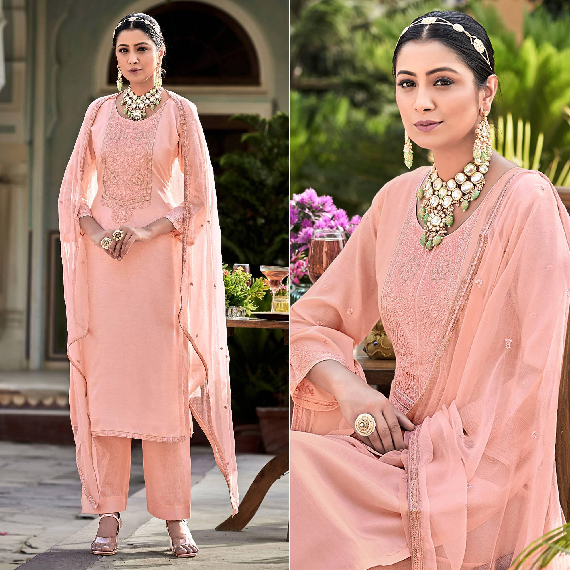 Salmon Embroidered Cotton Silk Suit - Peachmode