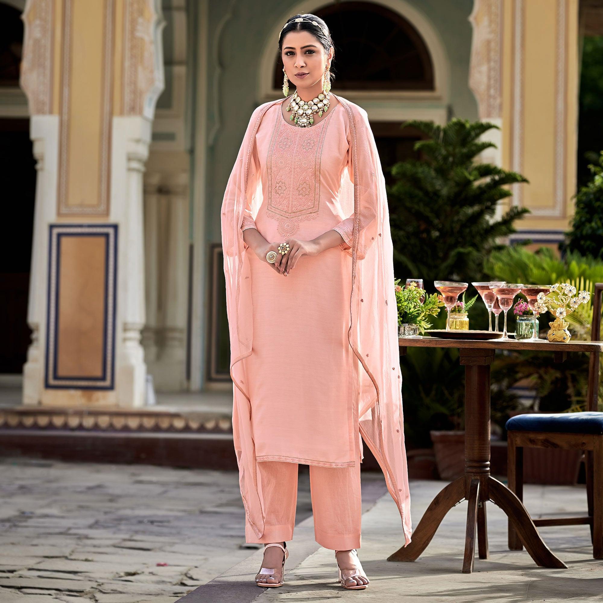 Salmon Embroidered Cotton Silk Suit - Peachmode
