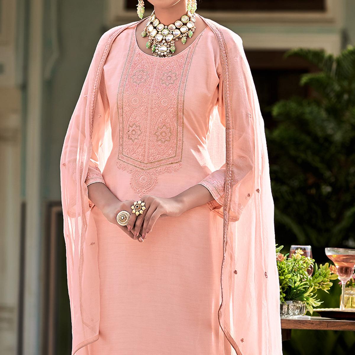 Salmon Embroidered Cotton Silk Suit - Peachmode