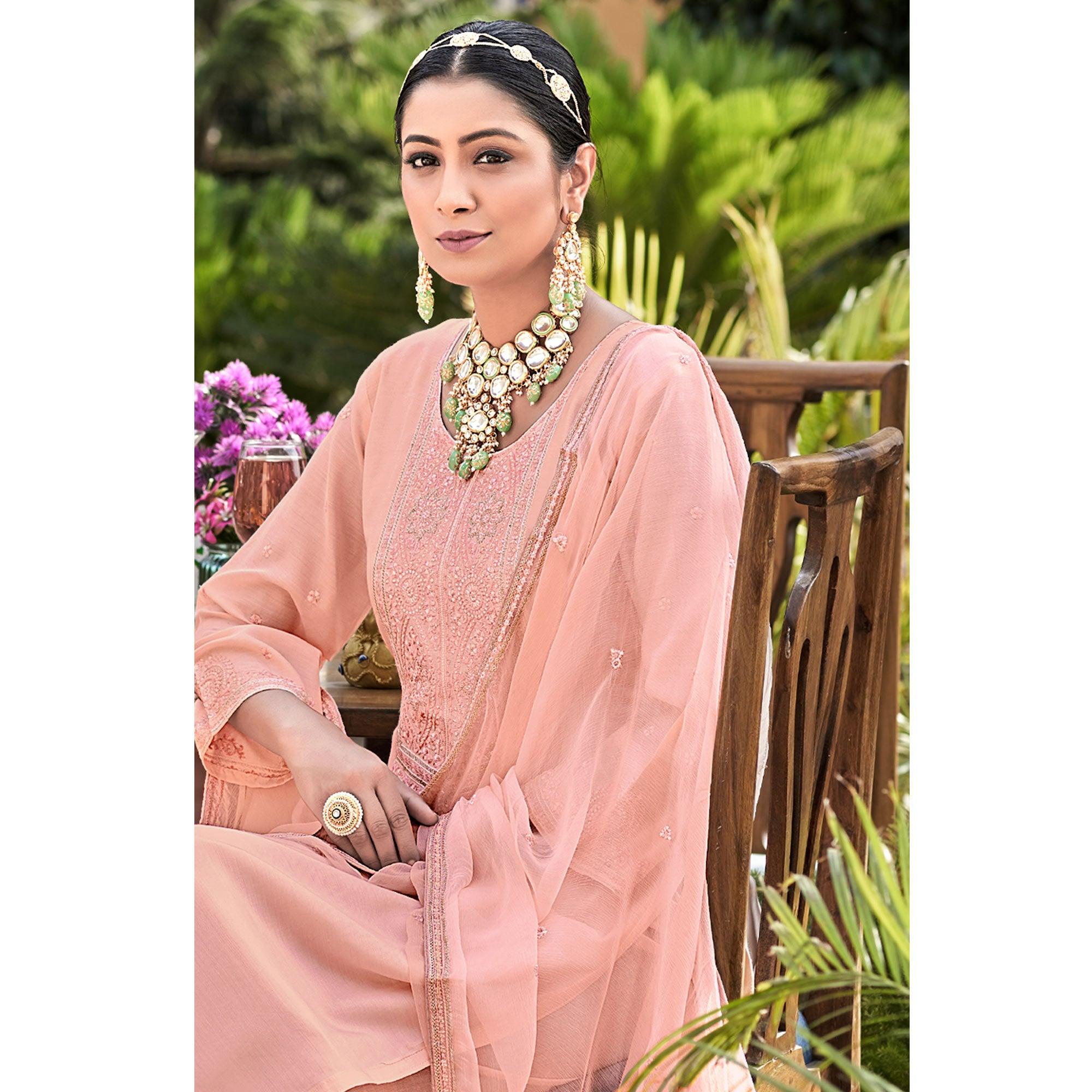Salmon Embroidered Cotton Silk Suit - Peachmode
