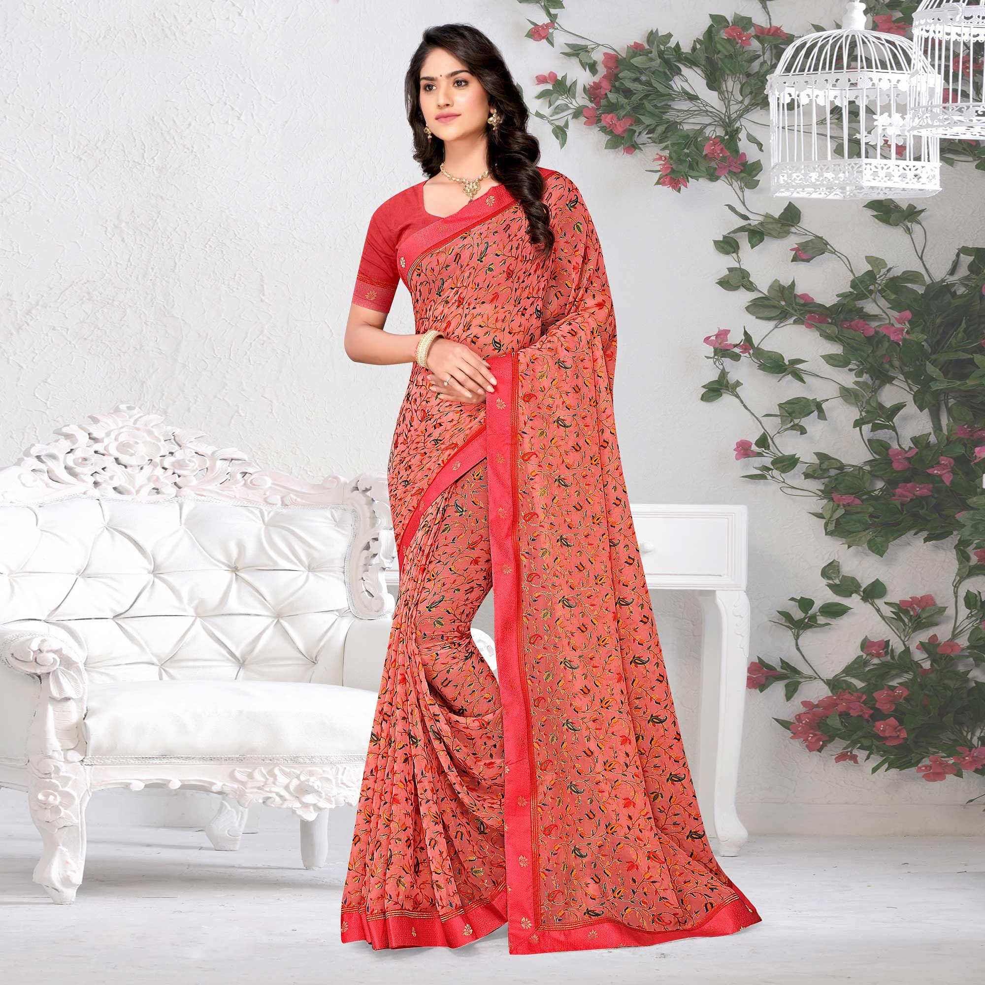 Salmon Floral Printed Brasso Saree - Peachmode