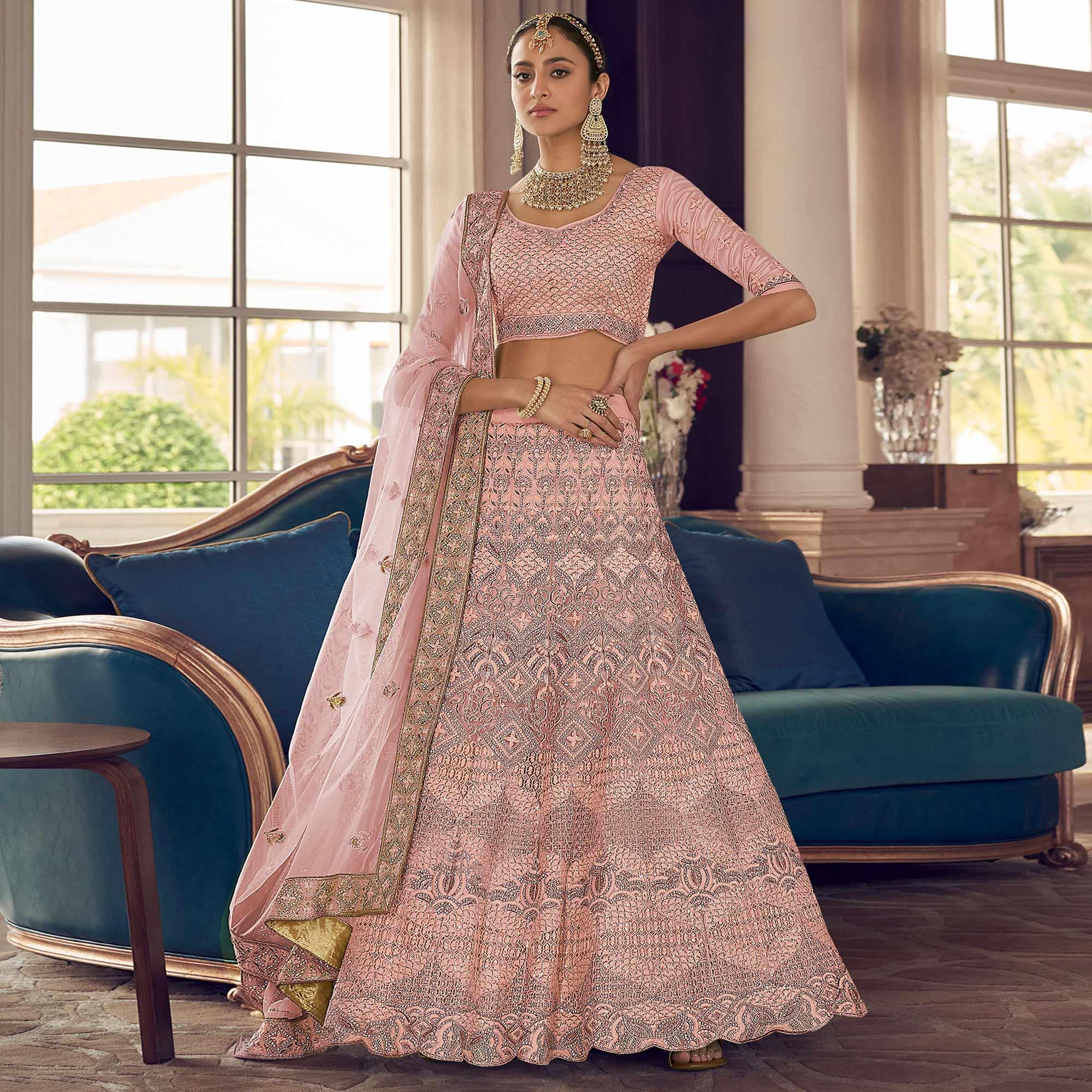 Salmon Party Wear Embroidered Crepe Lehenga Choli - Peachmode