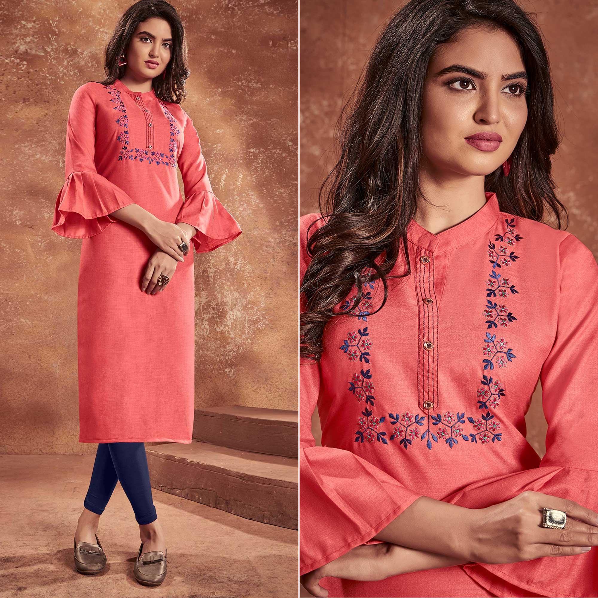 Salmon Pink Casual Wear Embroidered Cotton Kurti - Peachmode