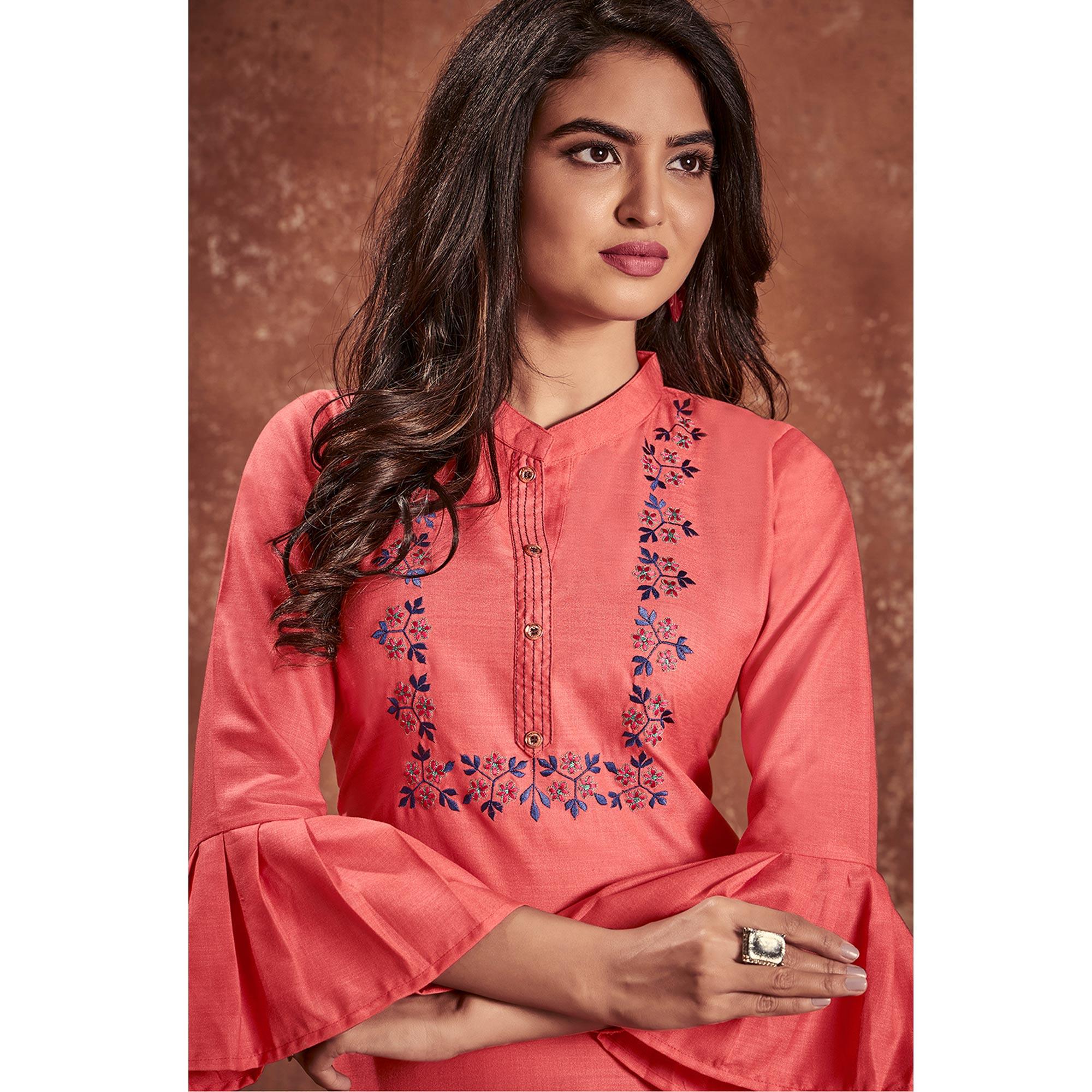 Salmon Pink Casual Wear Embroidered Cotton Kurti - Peachmode