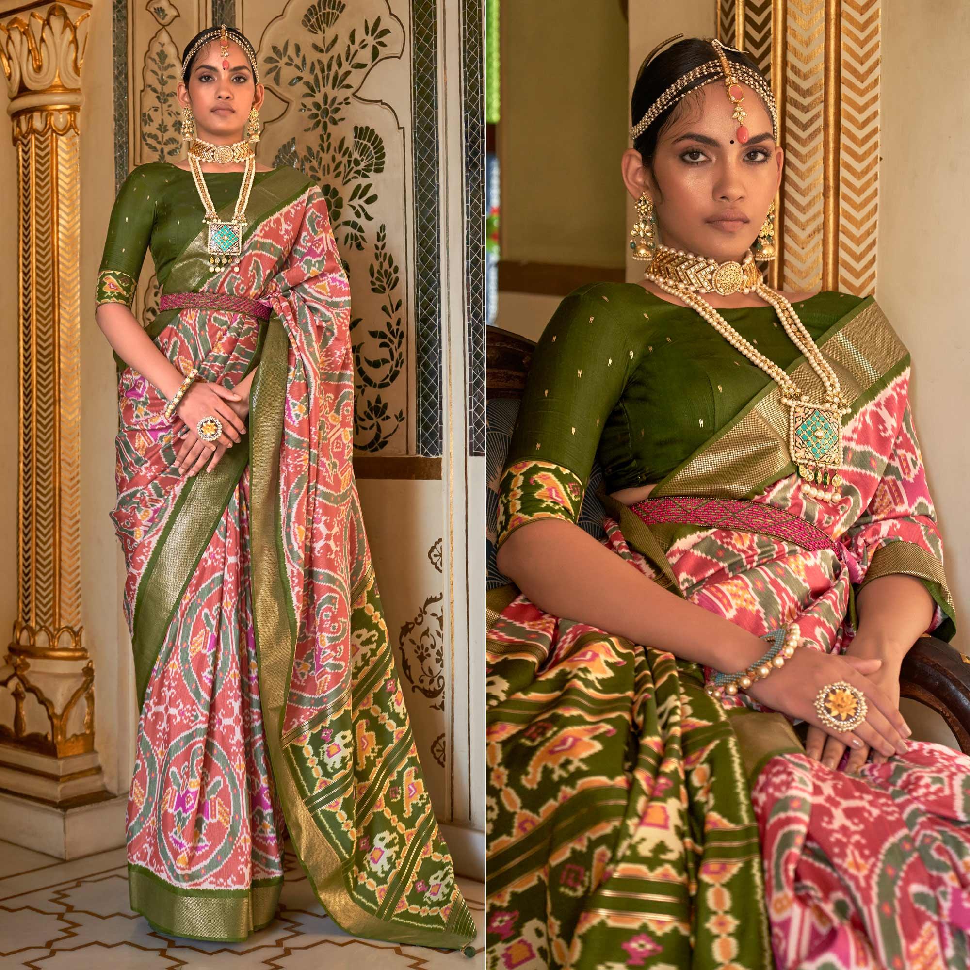 Salmon Pink Digital Patola Printed Silk Saree - Peachmode