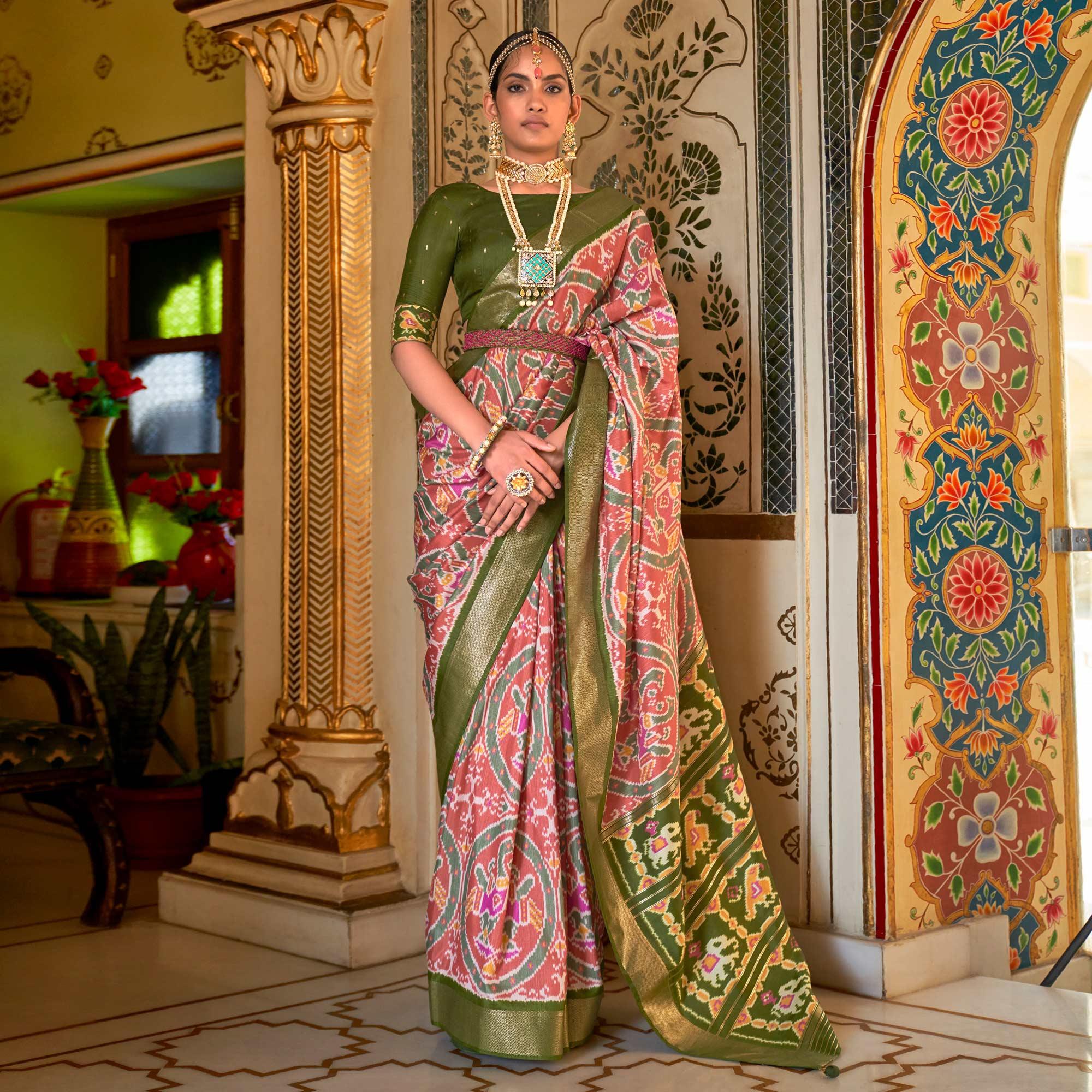 Salmon Pink Digital Patola Printed Silk Saree - Peachmode