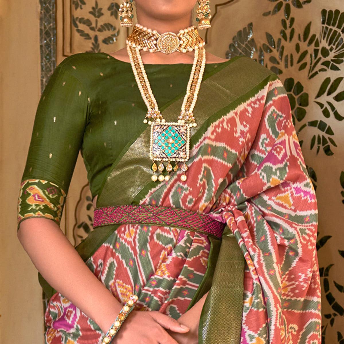 Salmon Pink Digital Patola Printed Silk Saree - Peachmode