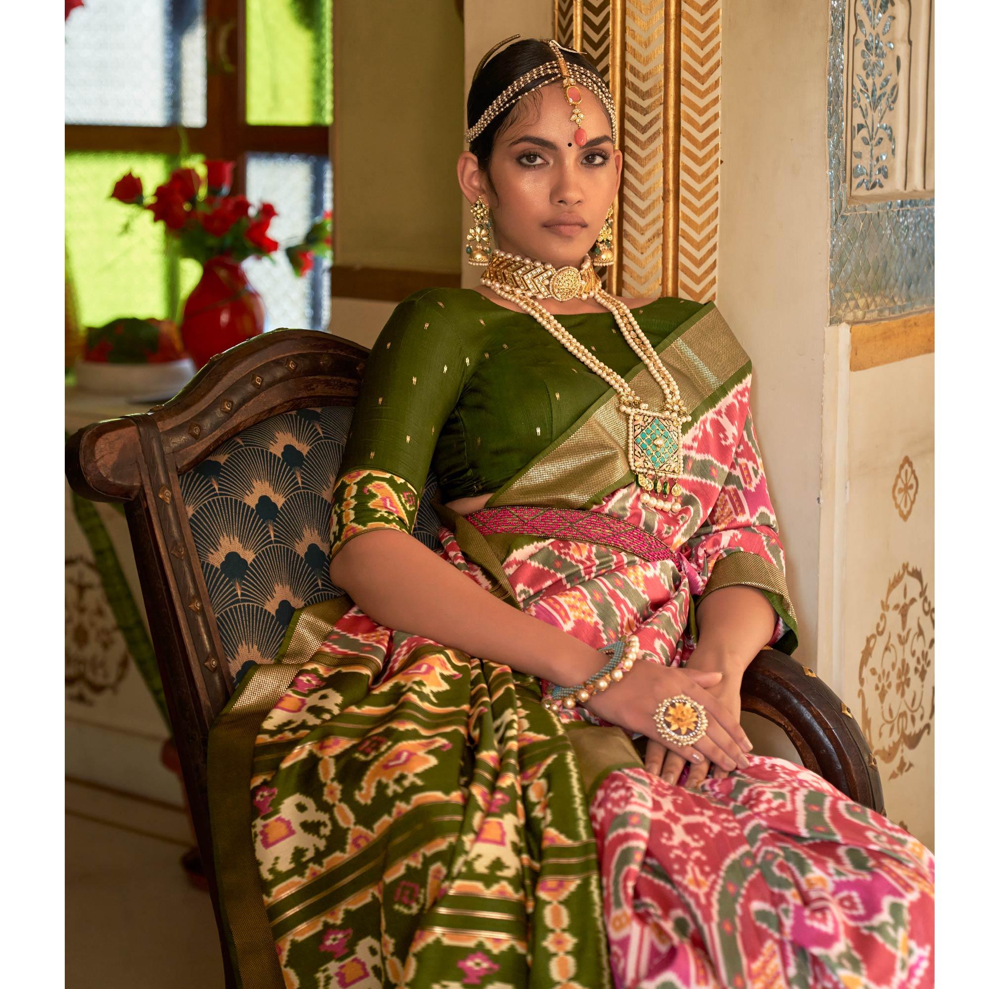 Salmon Pink Digital Patola Printed Silk Saree - Peachmode