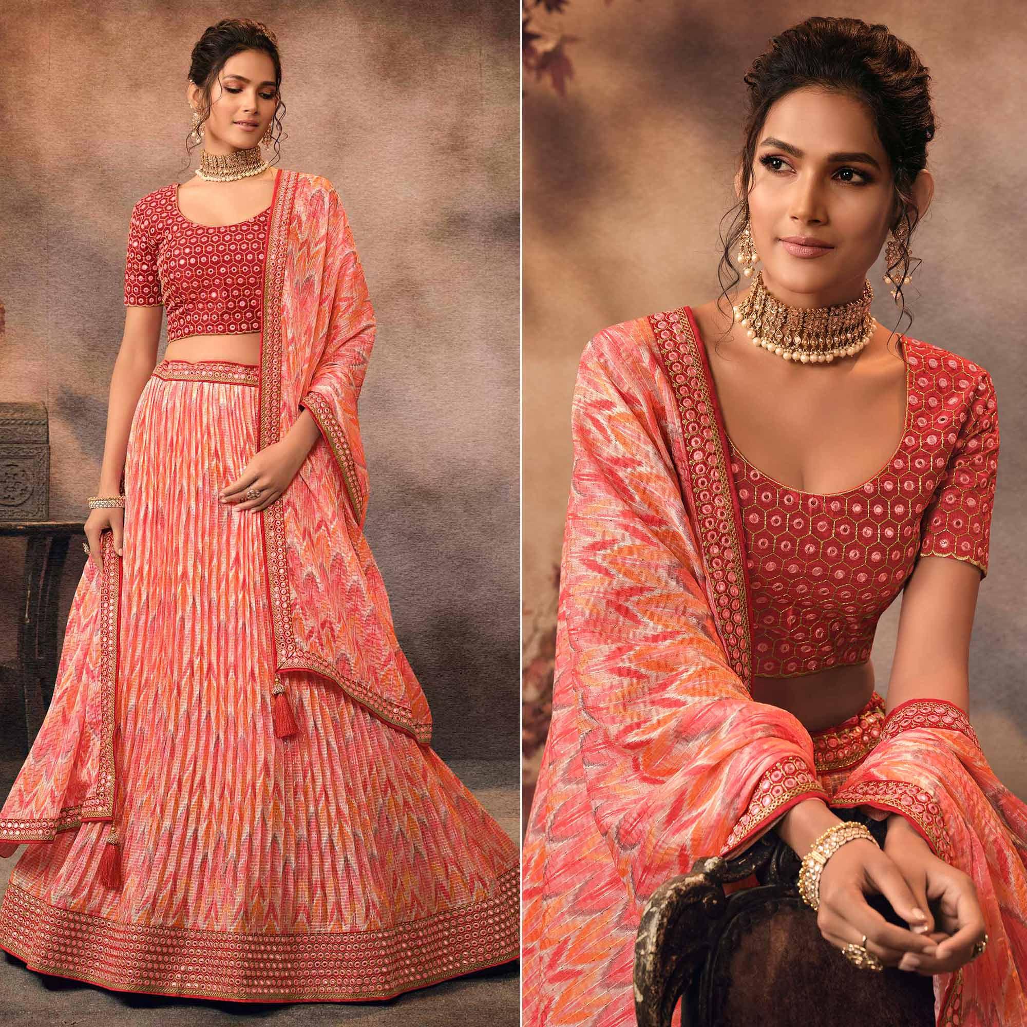 Salmon Pink Digital Printed-Embellished Chiffon Lehenga Choli - Peachmode