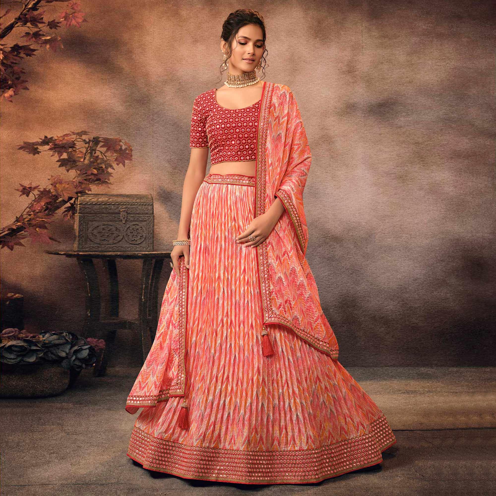 Salmon Pink Digital Printed-Embellished Chiffon Lehenga Choli - Peachmode