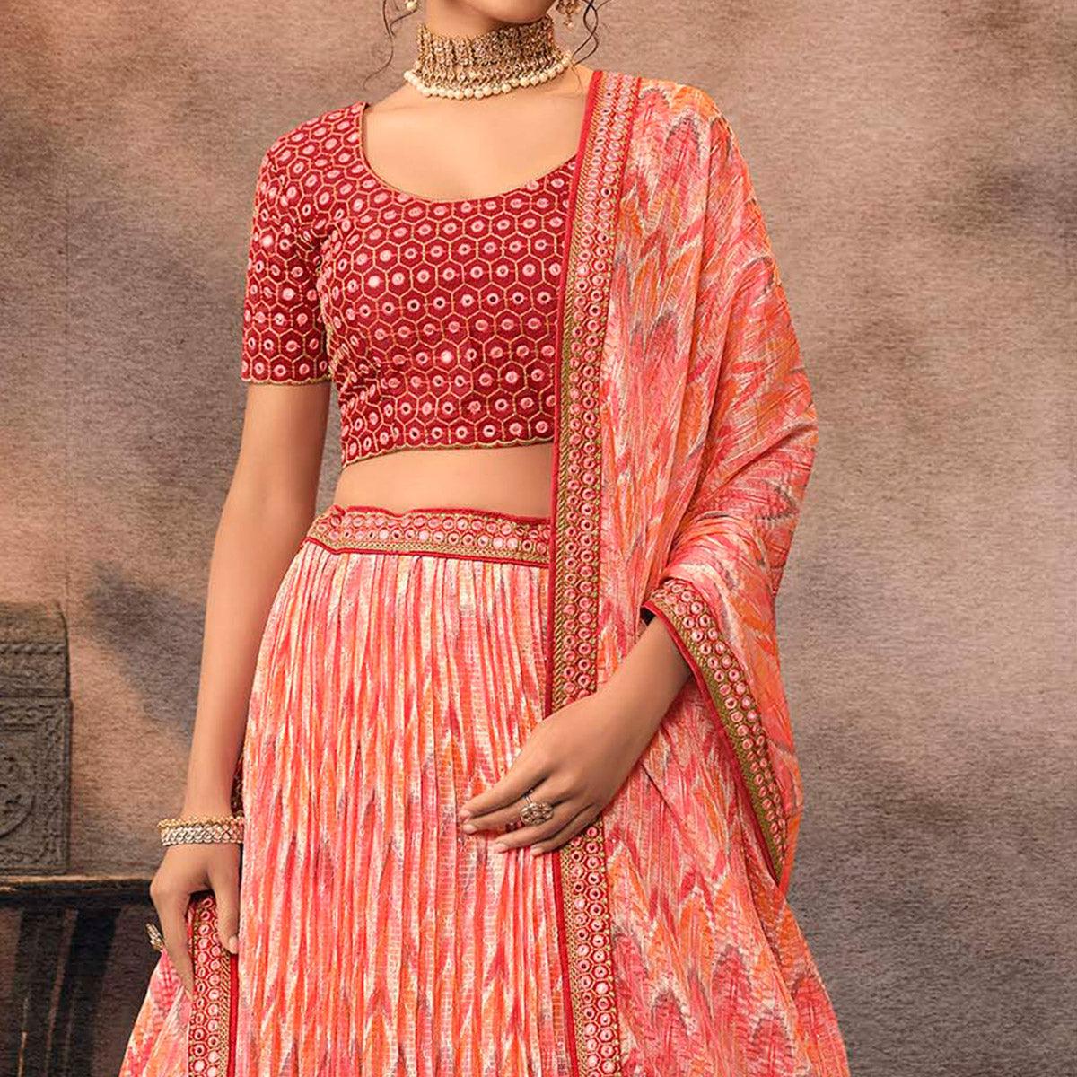 Salmon Pink Digital Printed-Embellished Chiffon Lehenga Choli - Peachmode