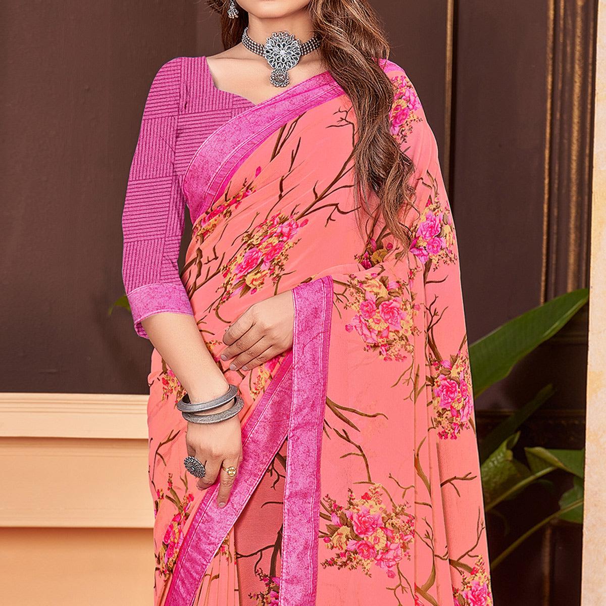 Salmon Pink Floral Printed Georgette Saree - Peachmode