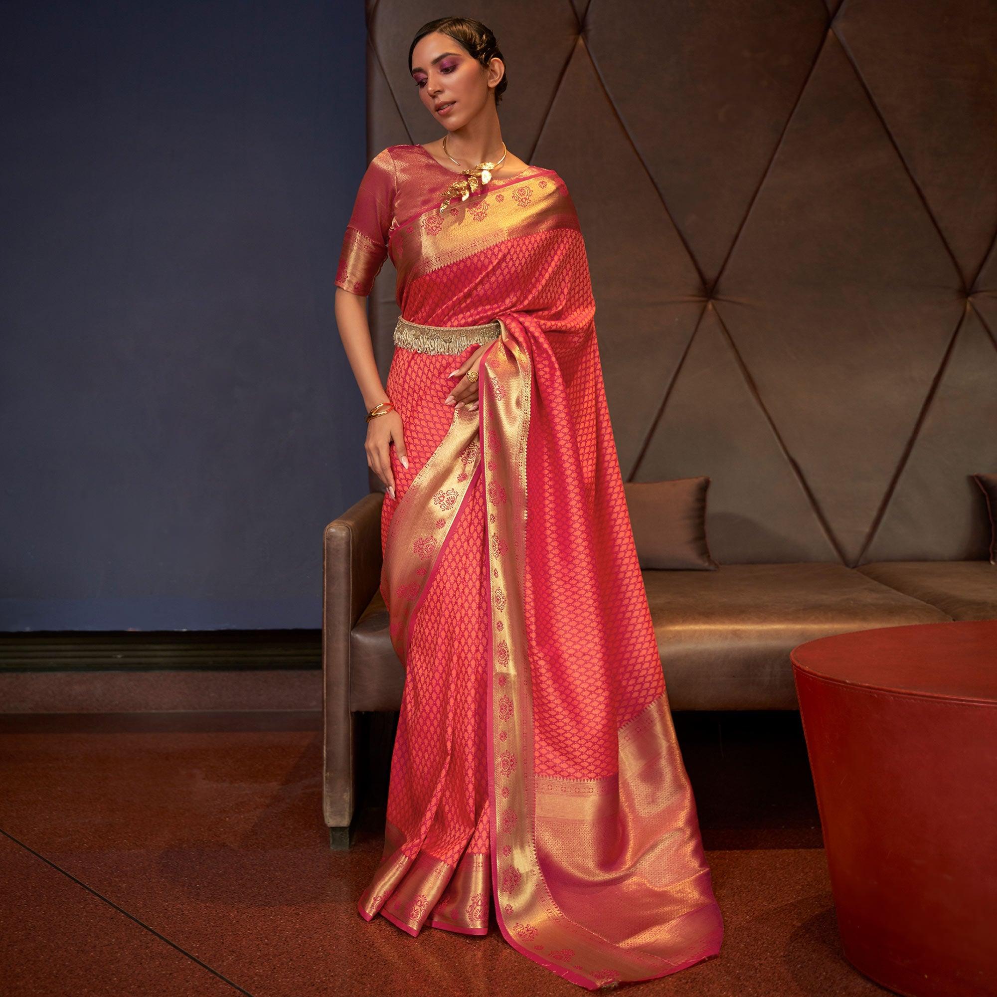 Salmon Pink Woven Art Silk Saree - Peachmode