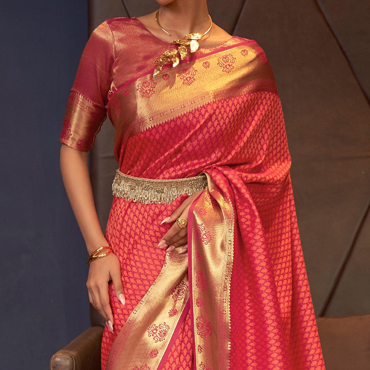 Salmon Pink Woven Art Silk Saree - Peachmode
