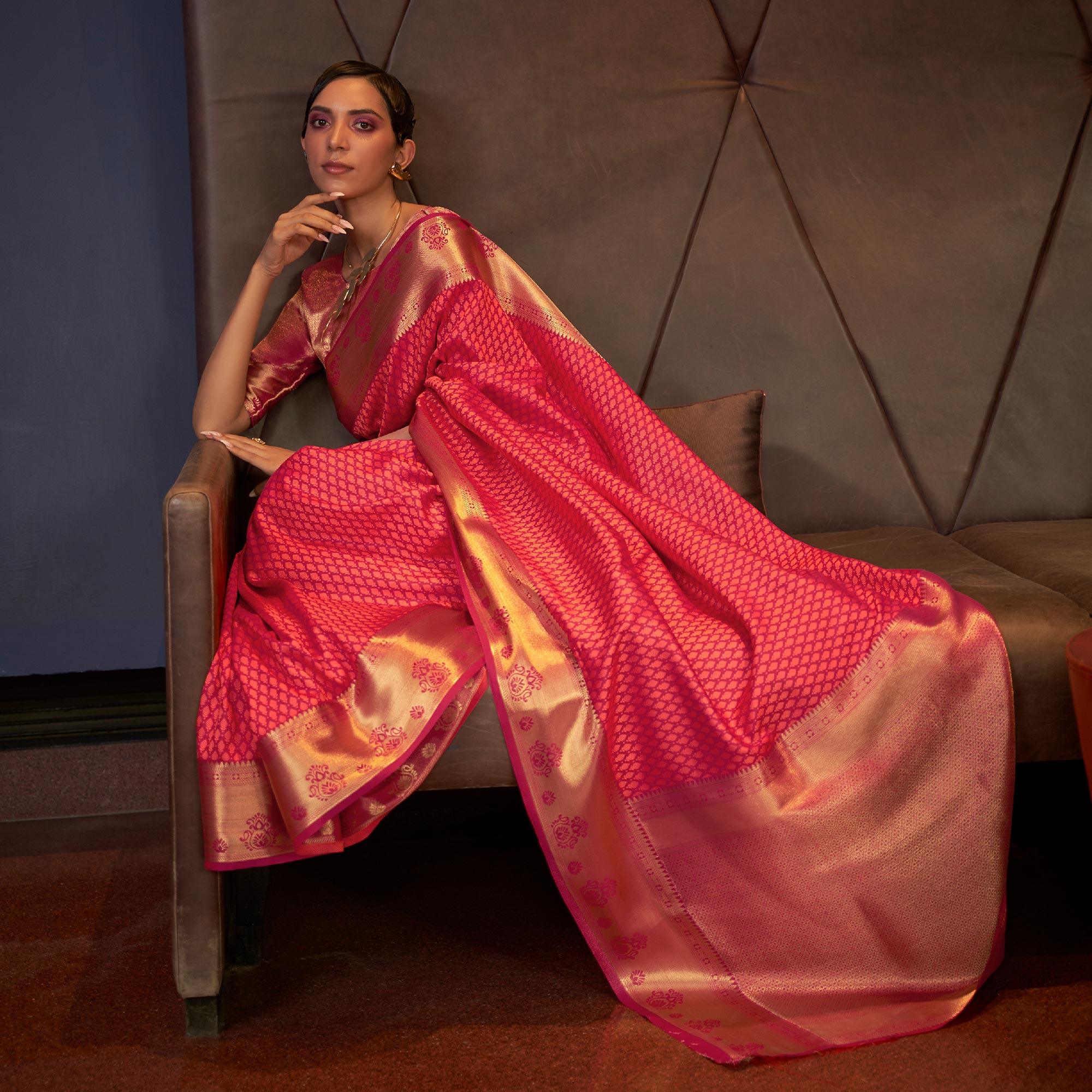 Salmon Pink Woven Art Silk Saree - Peachmode